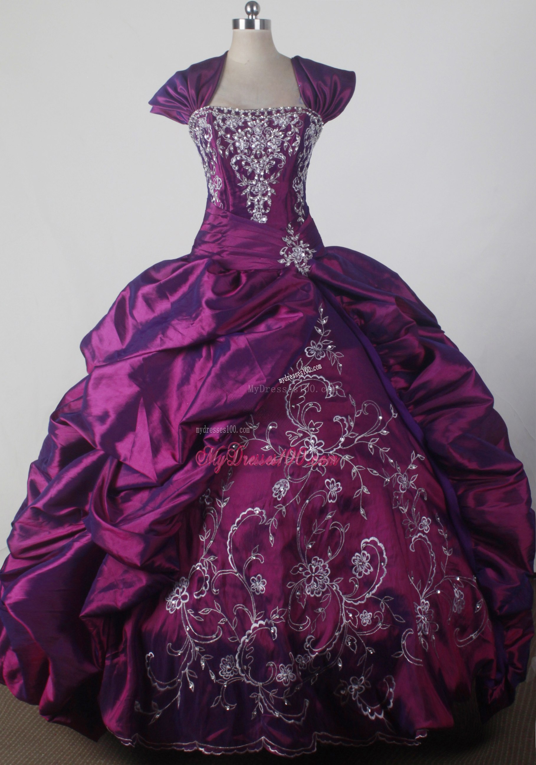 Shawl Purple Quinceanera Gown with Embroidery and Pick-ups