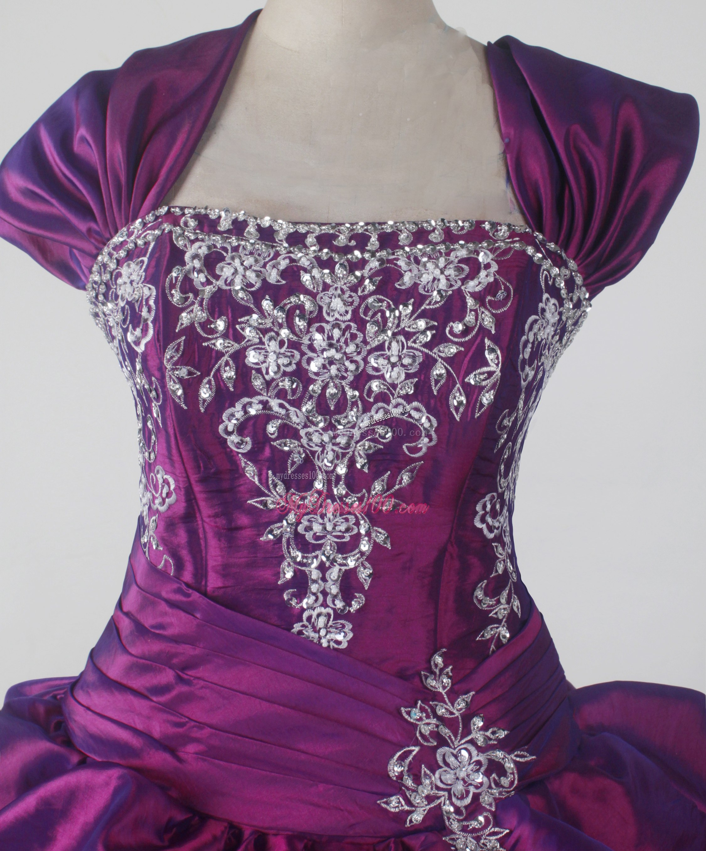 Shawl Purple Quinceanera Gown with Embroidery and Pick-ups