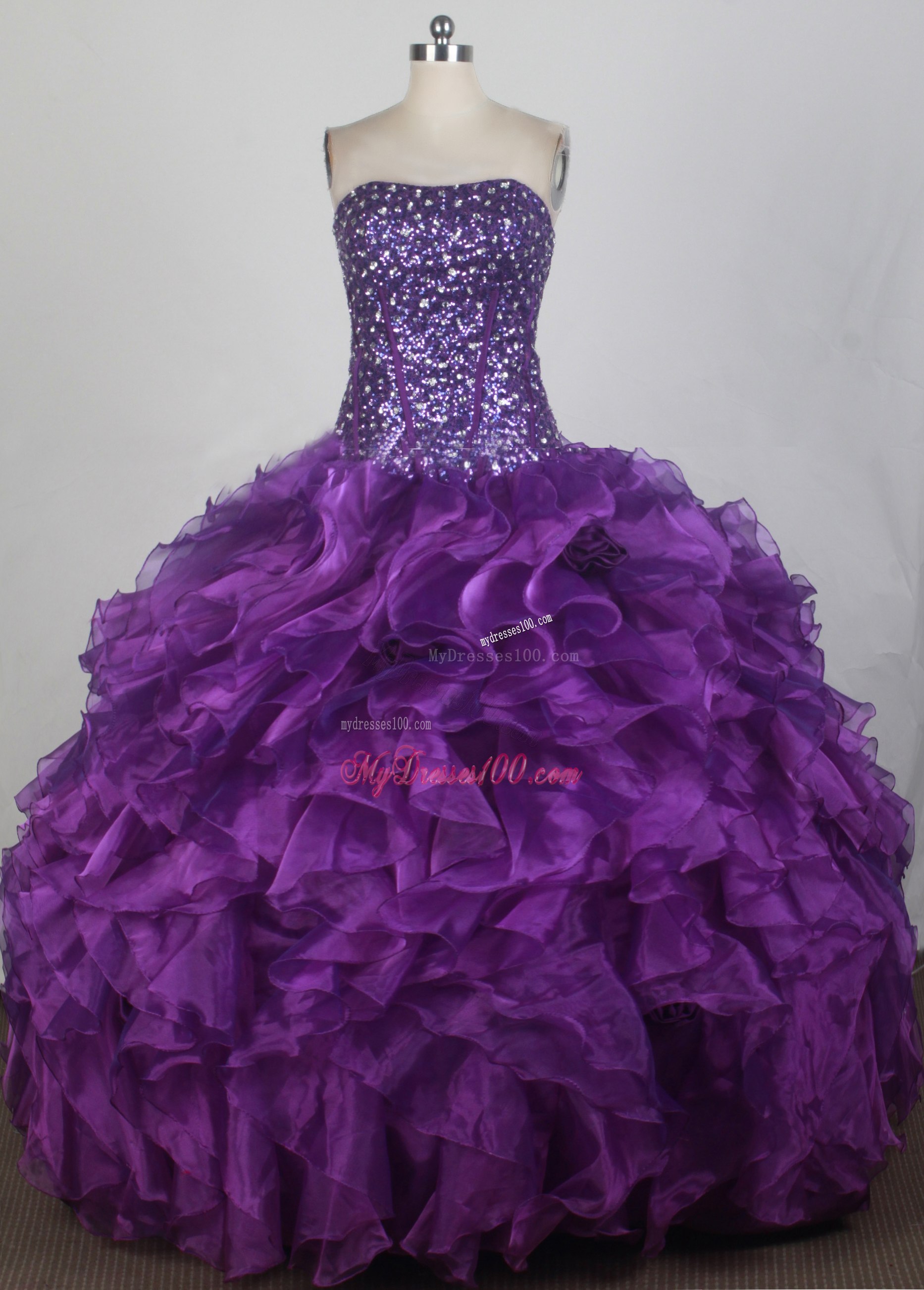 Beaded Bodice Ruffled Quinceanera Dress in Eggplant Purple
