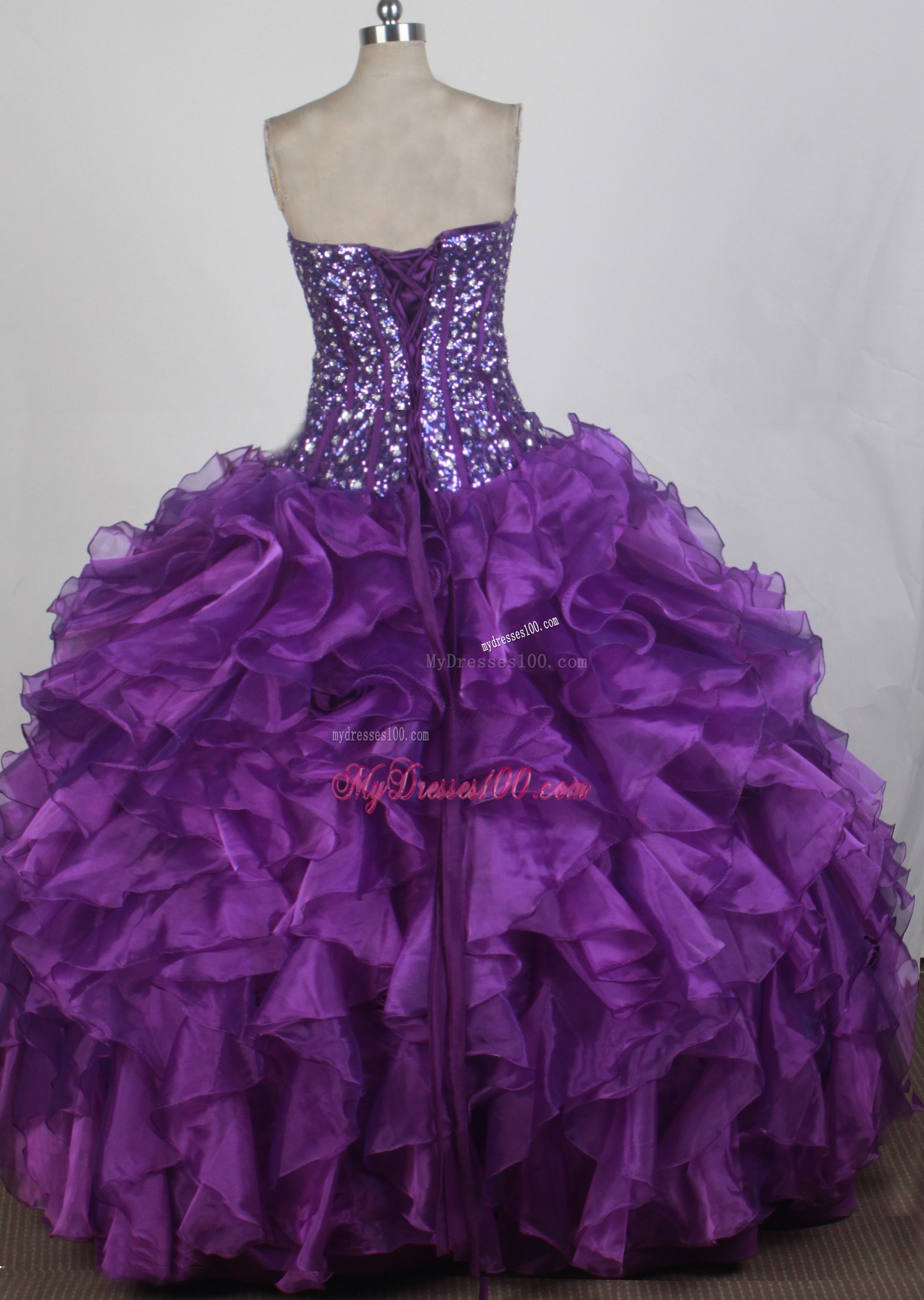 Beaded Bodice Ruffled Quinceanera Dress in Eggplant Purple