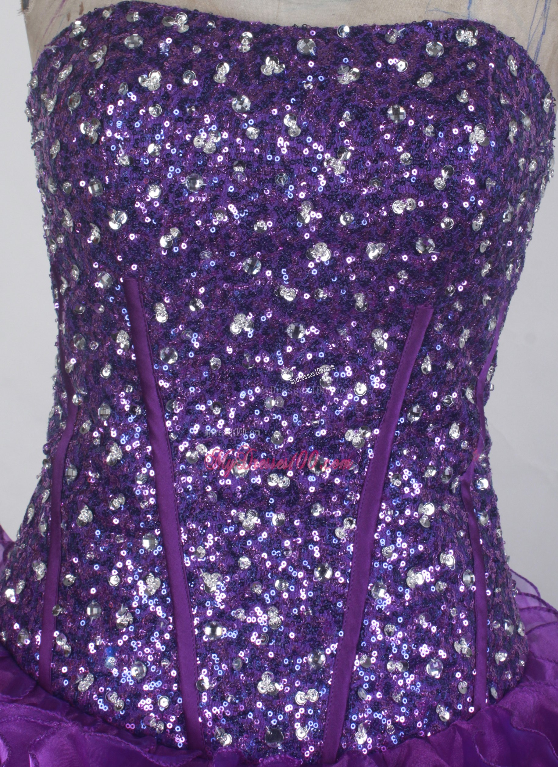Beaded Bodice Ruffled Quinceanera Dress in Eggplant Purple