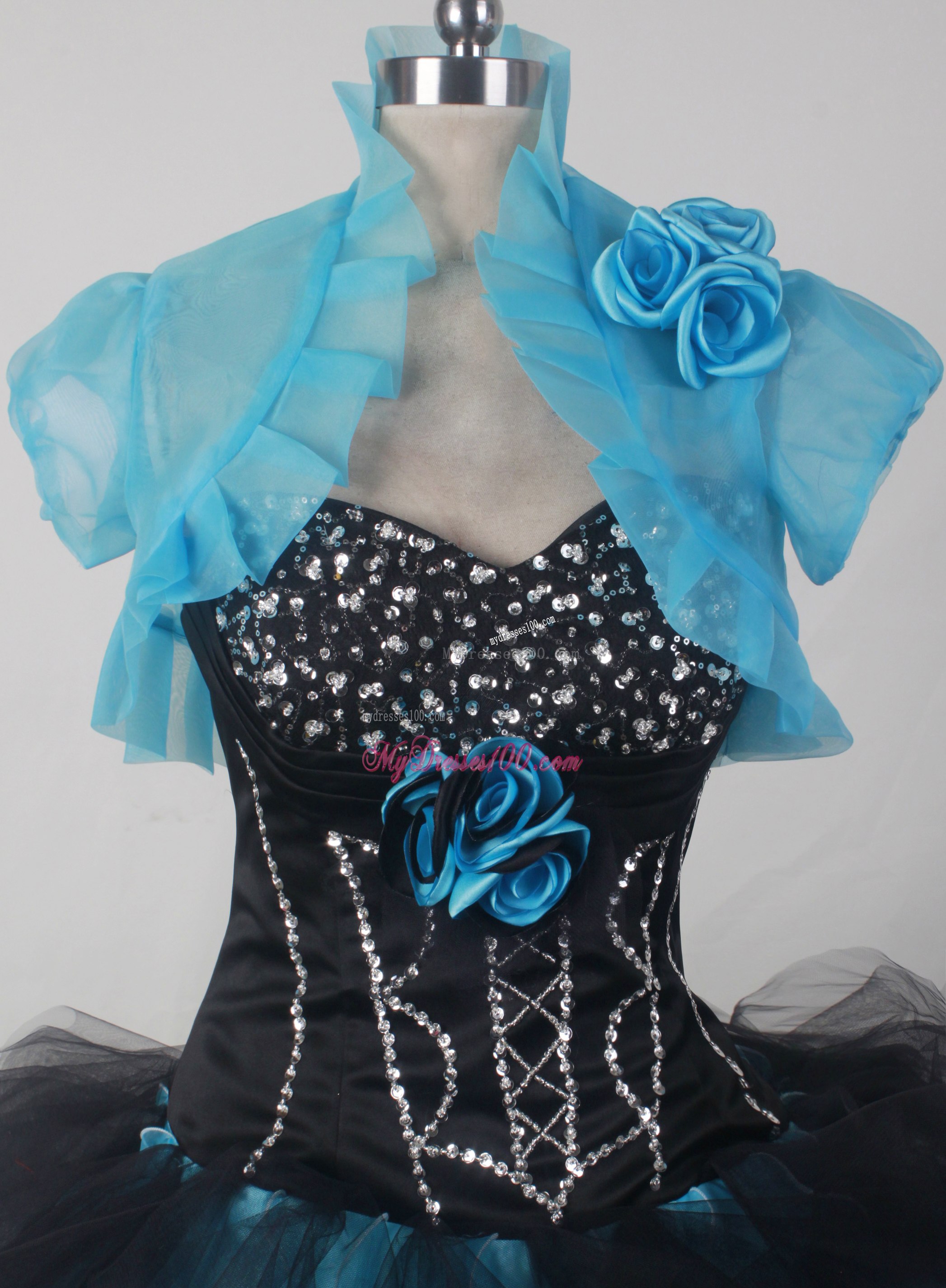 Black and Blue Quinceanera Dress with Jacket and Ruffles