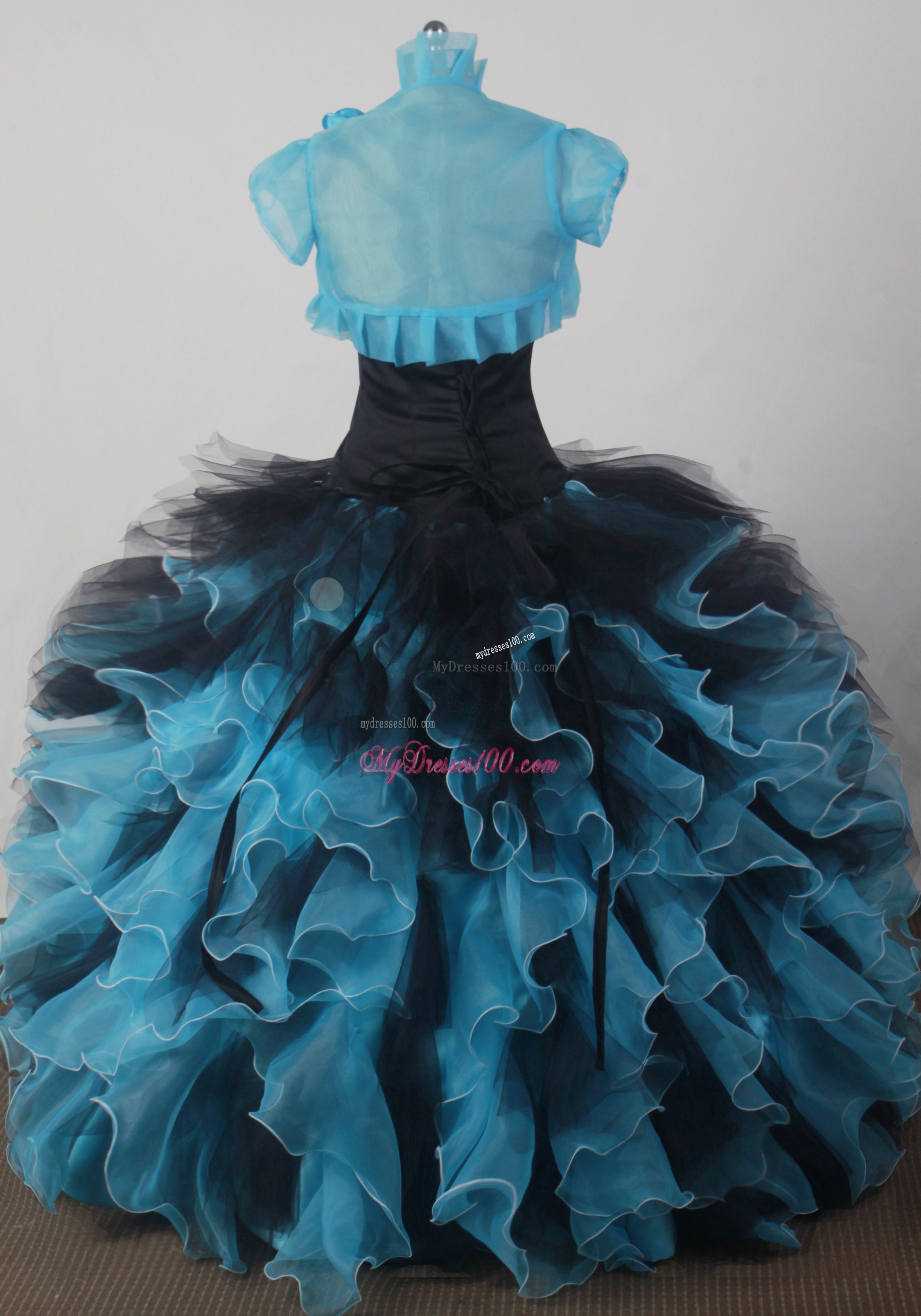Black and Blue Quinceanera Dress with Jacket and Ruffles