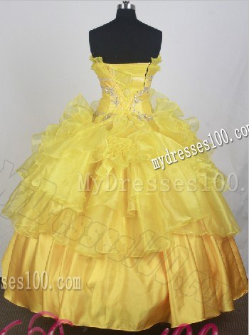 Appliques and Rolling Flowers Accent Yellow Quinceanera Gown