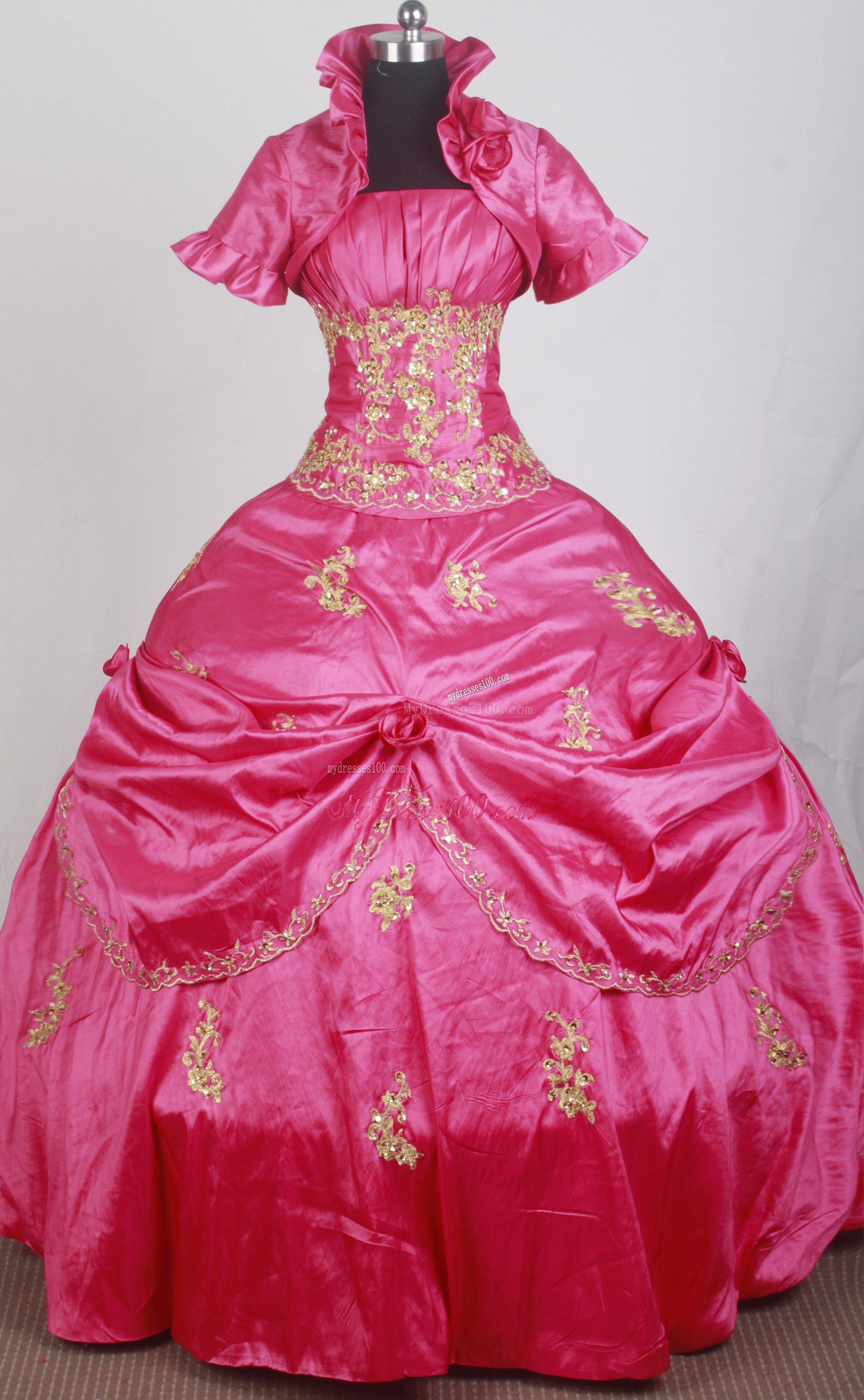 Gold Appliques On Hot Pink Quinceanera Dress with Jacket