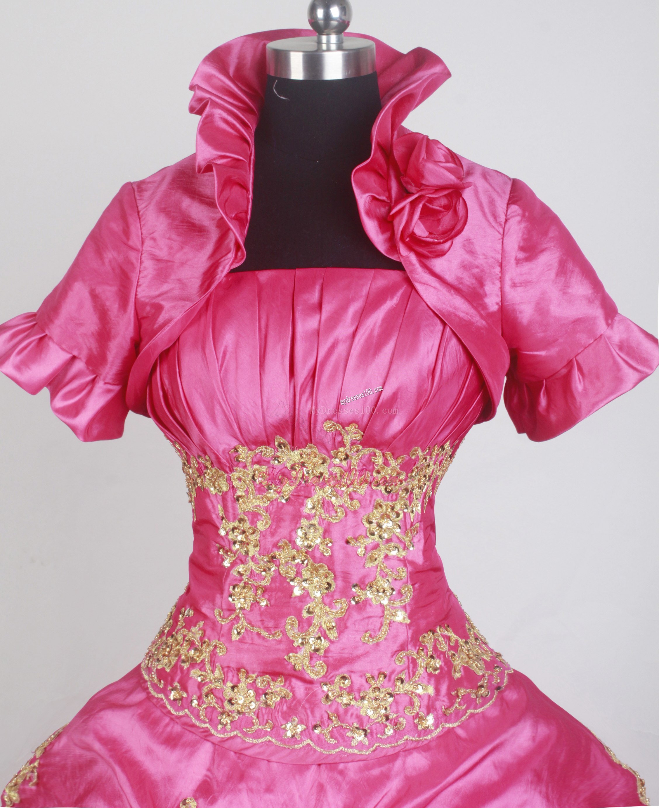 Gold Appliques On Hot Pink Quinceanera Dress with Jacket