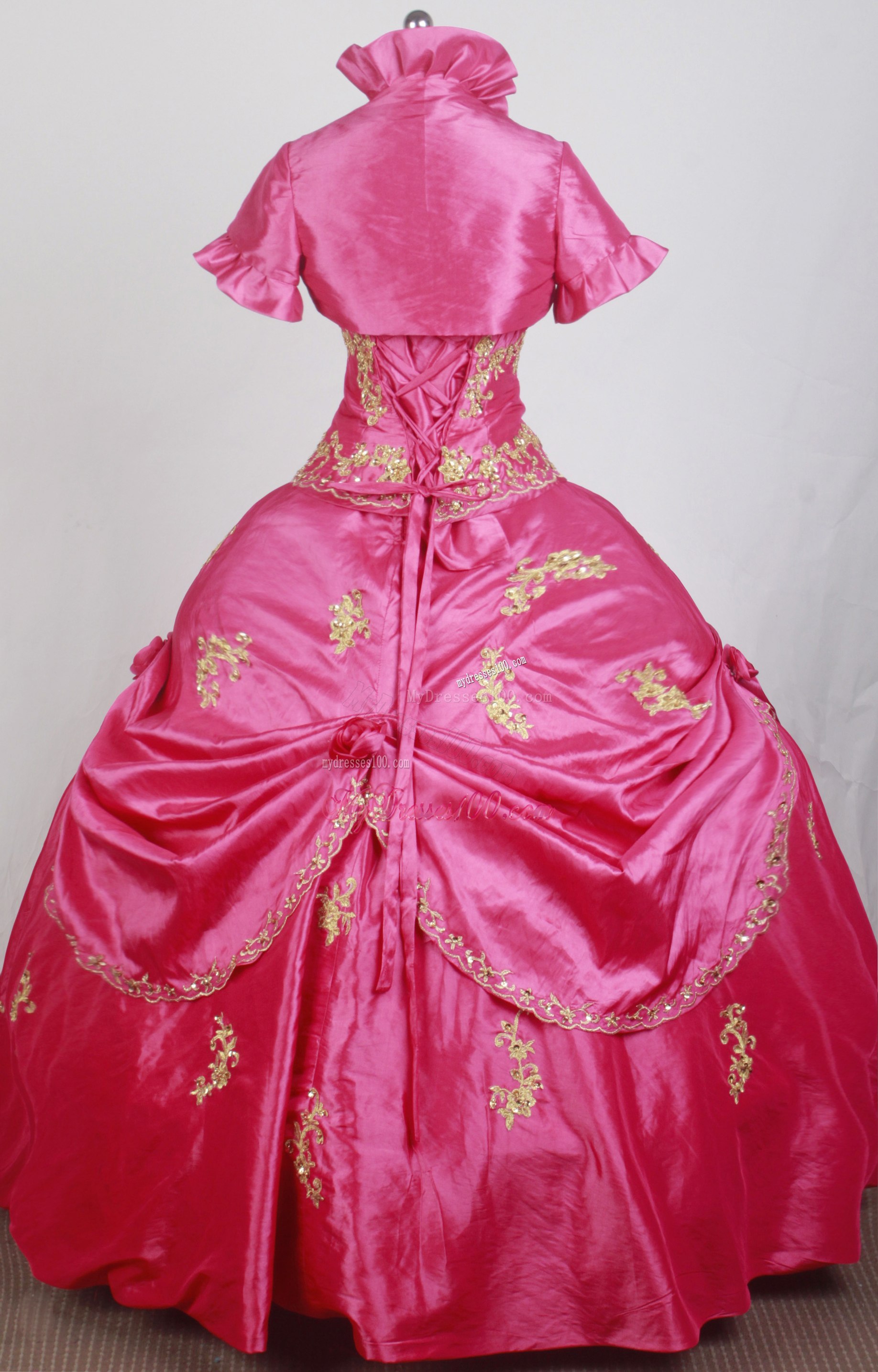 Gold Appliques On Hot Pink Quinceanera Dress with Jacket