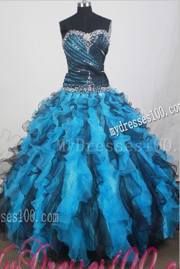 Ruffled and Beaded Blue and Black Dress for Quinceanera