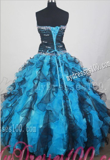 Ruffled and Beaded Blue and Black Dress for Quinceanera