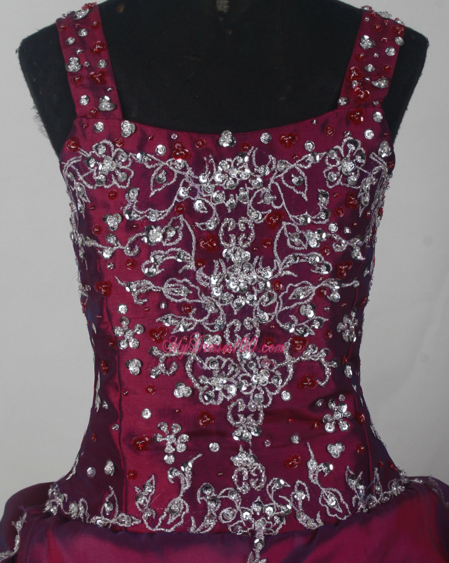 Straps and Appliques Decorate Wine Red Quinceanera Dress