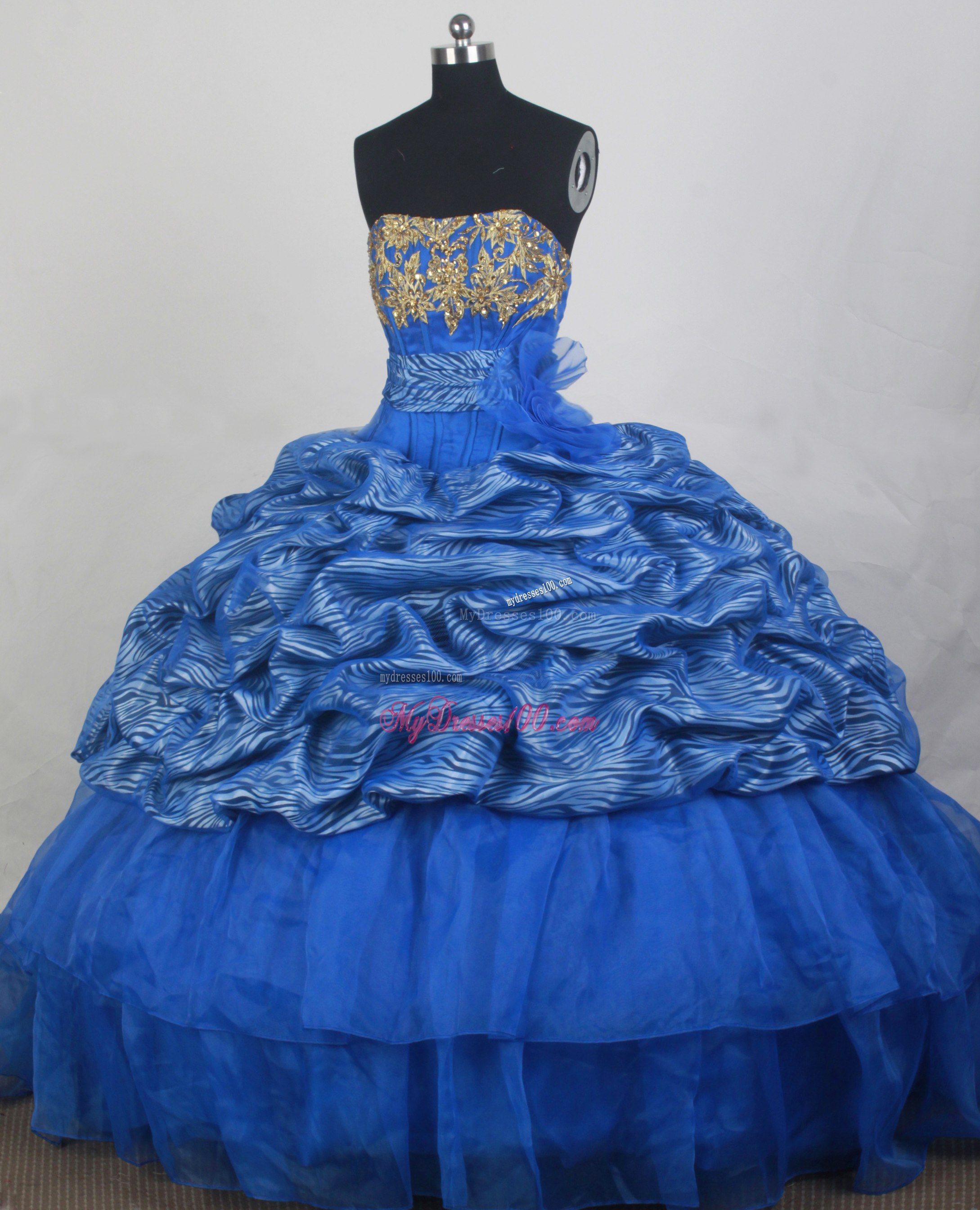Gold Appiqued Royal Blue Quinceanera Dress with Zebra Print