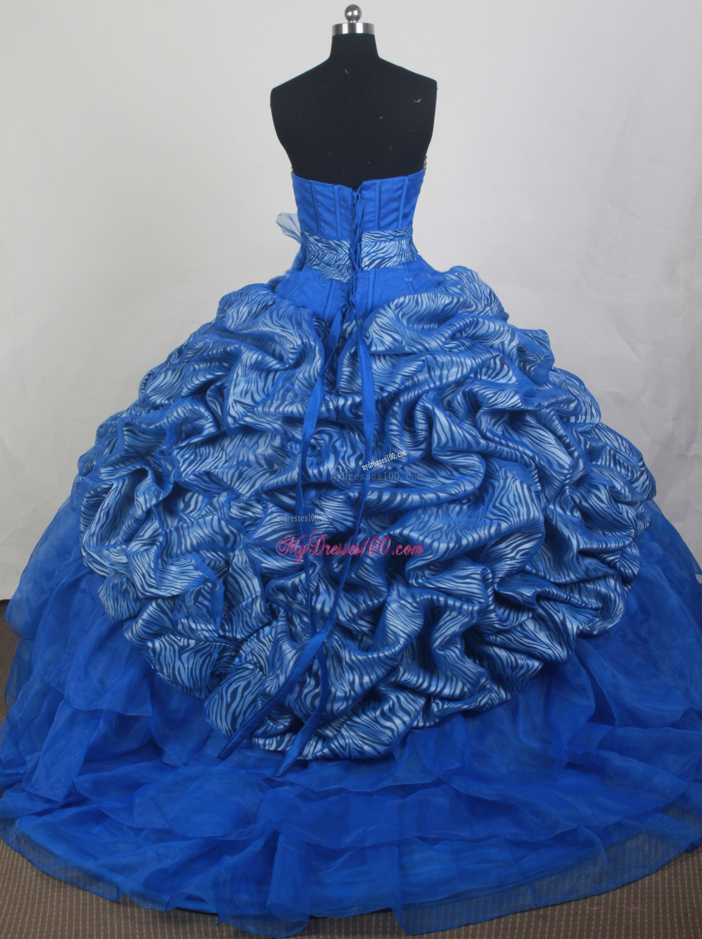 Gold Appiqued Royal Blue Quinceanera Dress with Zebra Print