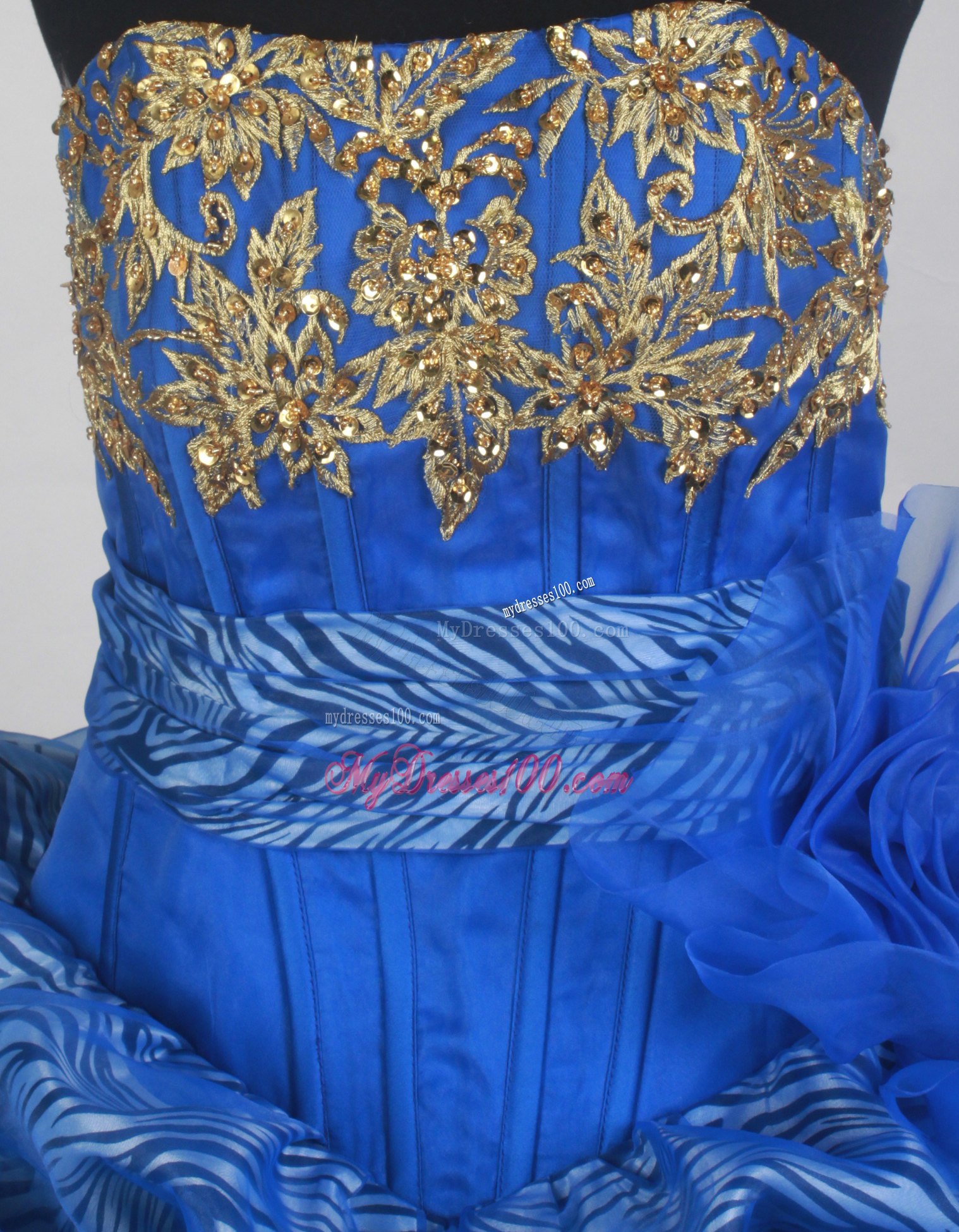 Gold Appiqued Royal Blue Quinceanera Dress with Zebra Print