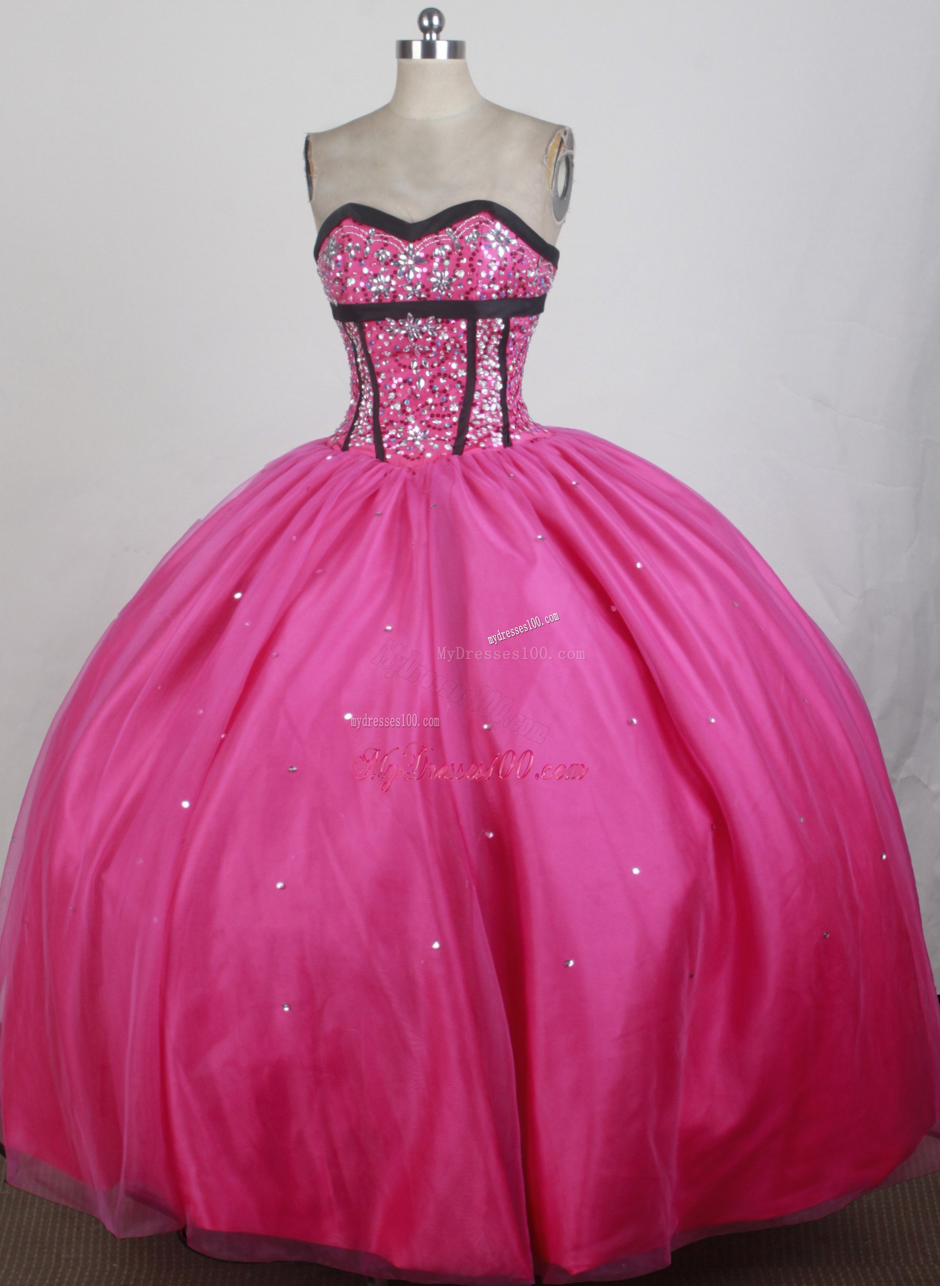Hot Pink Ball Gown Tulle Quinceanera Dress with Beading