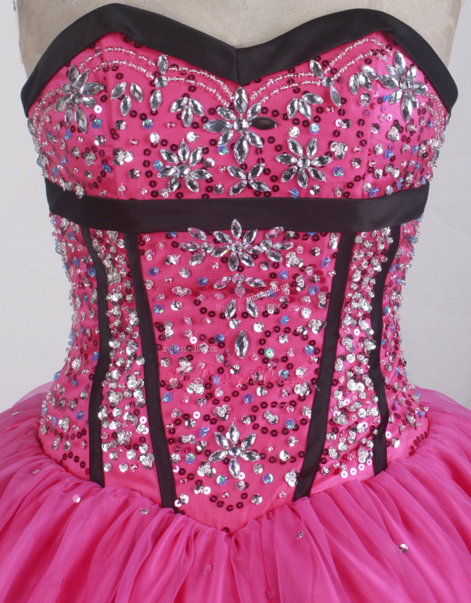 Hot Pink Ball Gown Tulle Quinceanera Dress with Beading