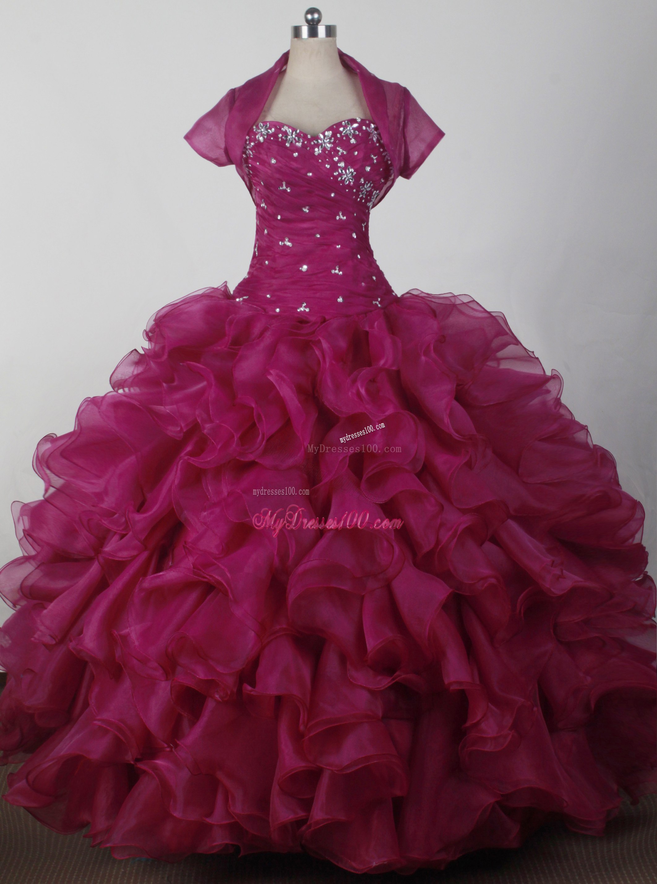 Beaded Burgundy Quinceanera Dress with Jacket and Ruffles