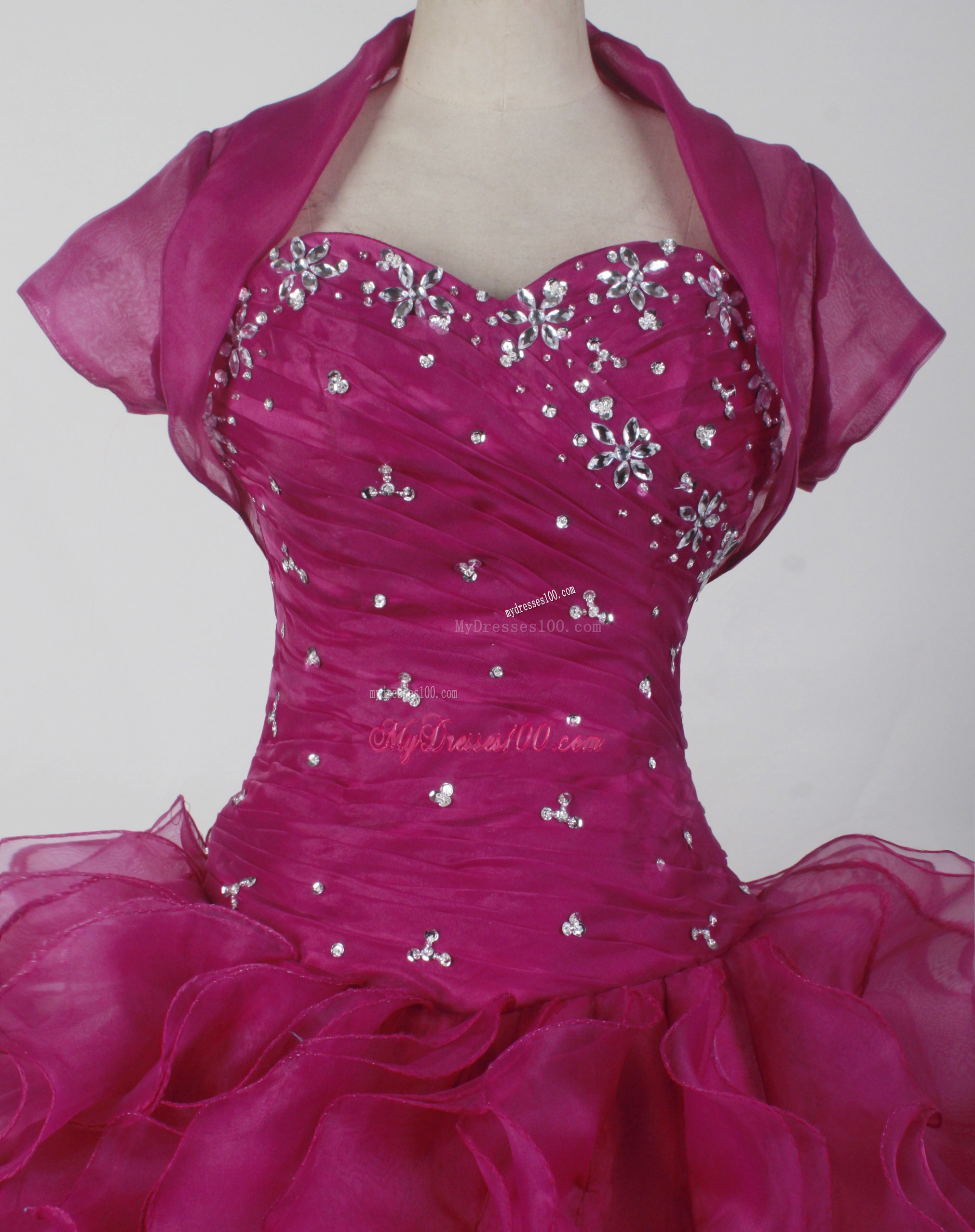 Beaded Burgundy Quinceanera Dress with Jacket and Ruffles