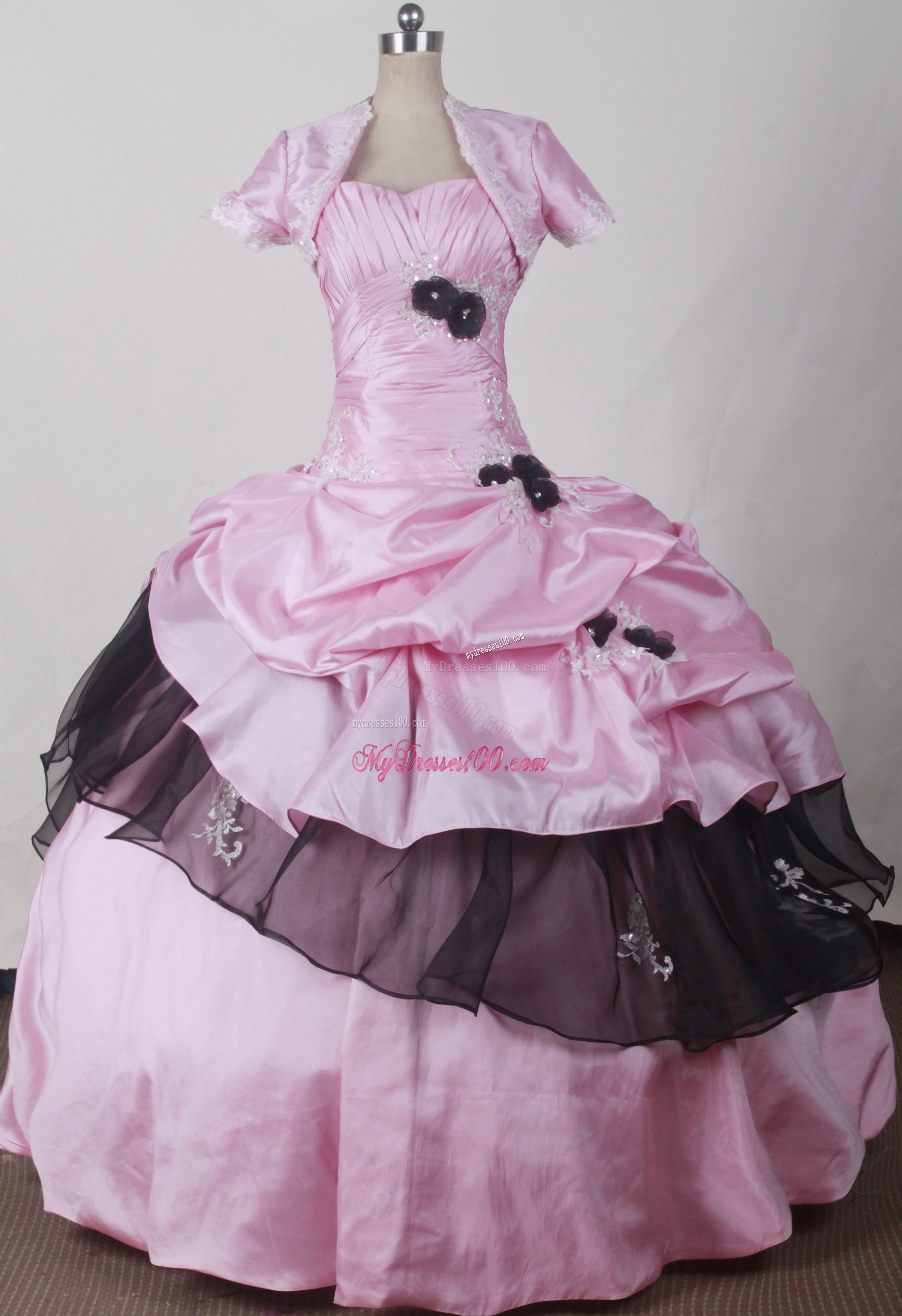 Jacket and Flowers Accent Quinceanera Dresses in Pink and Black