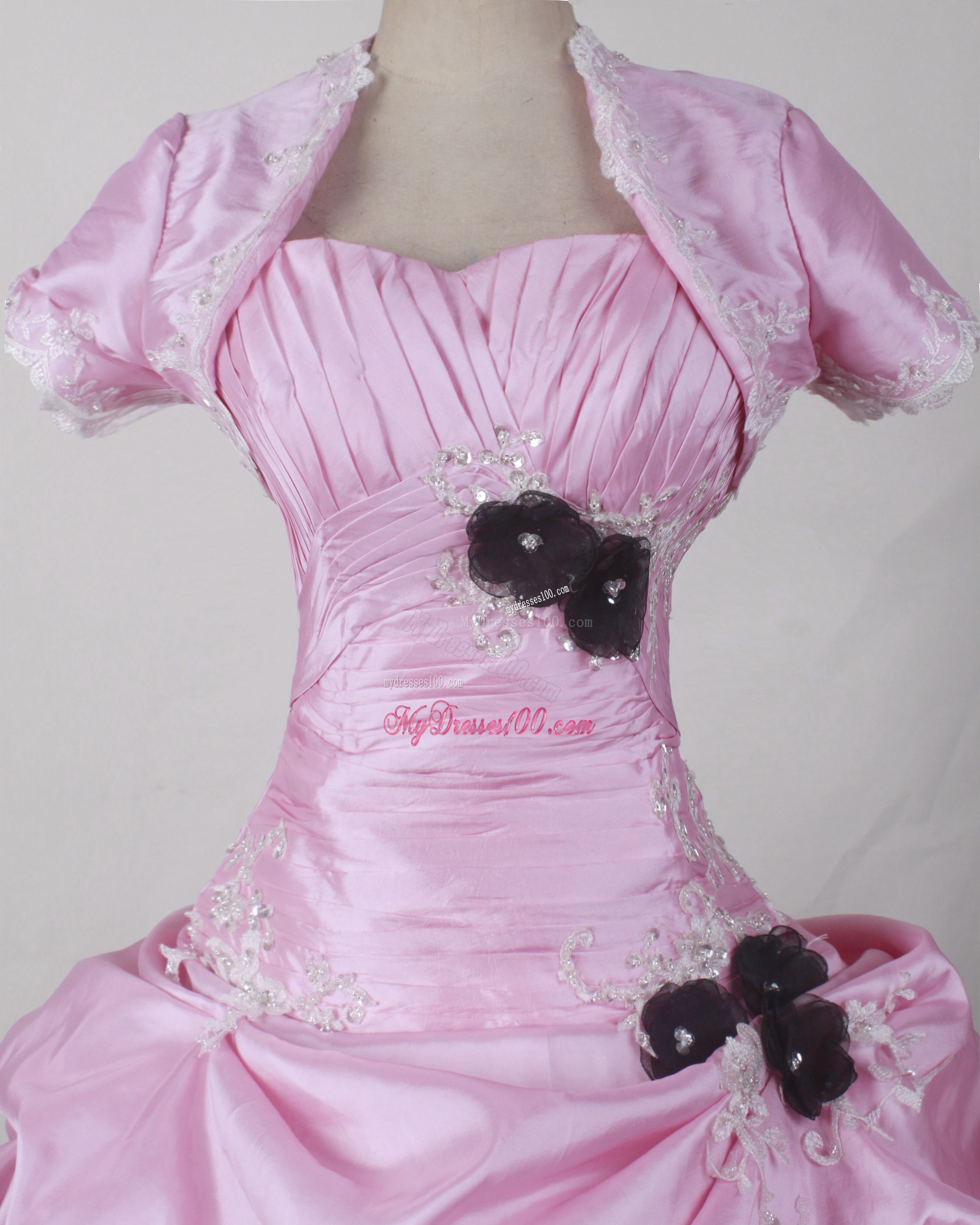 Jacket and Flowers Accent Quinceanera Dresses in Pink and Black
