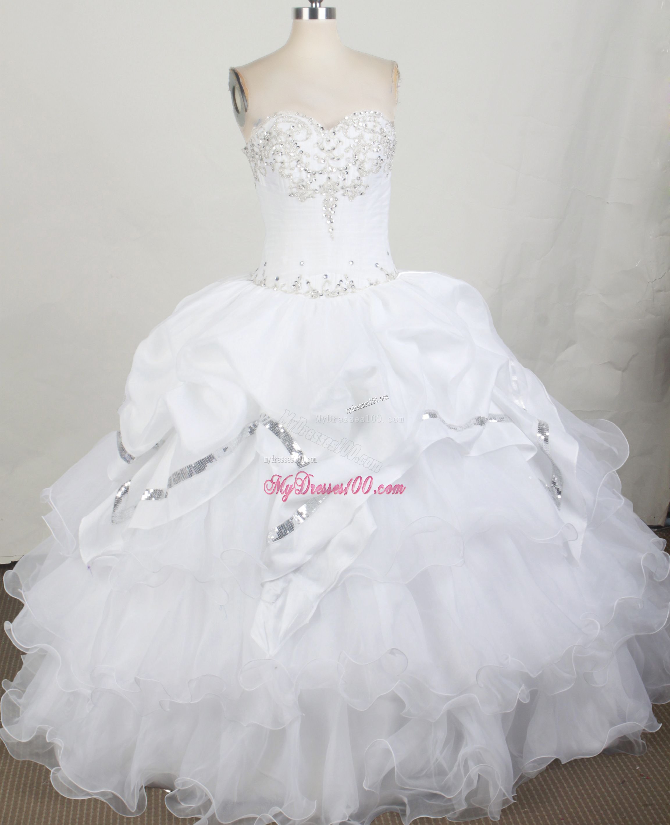 Ruffled and Beaded White Organza Quinceanera Dress