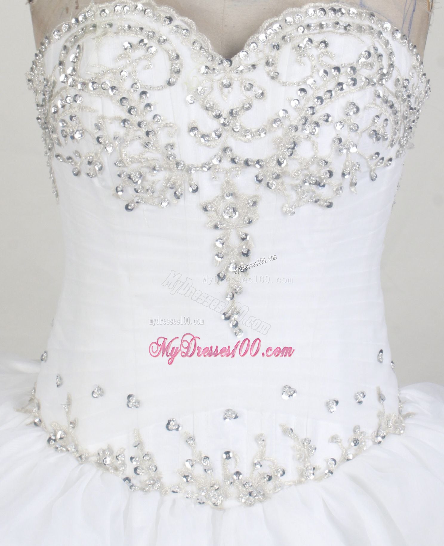 Ruffled and Beaded White Organza Quinceanera Dress