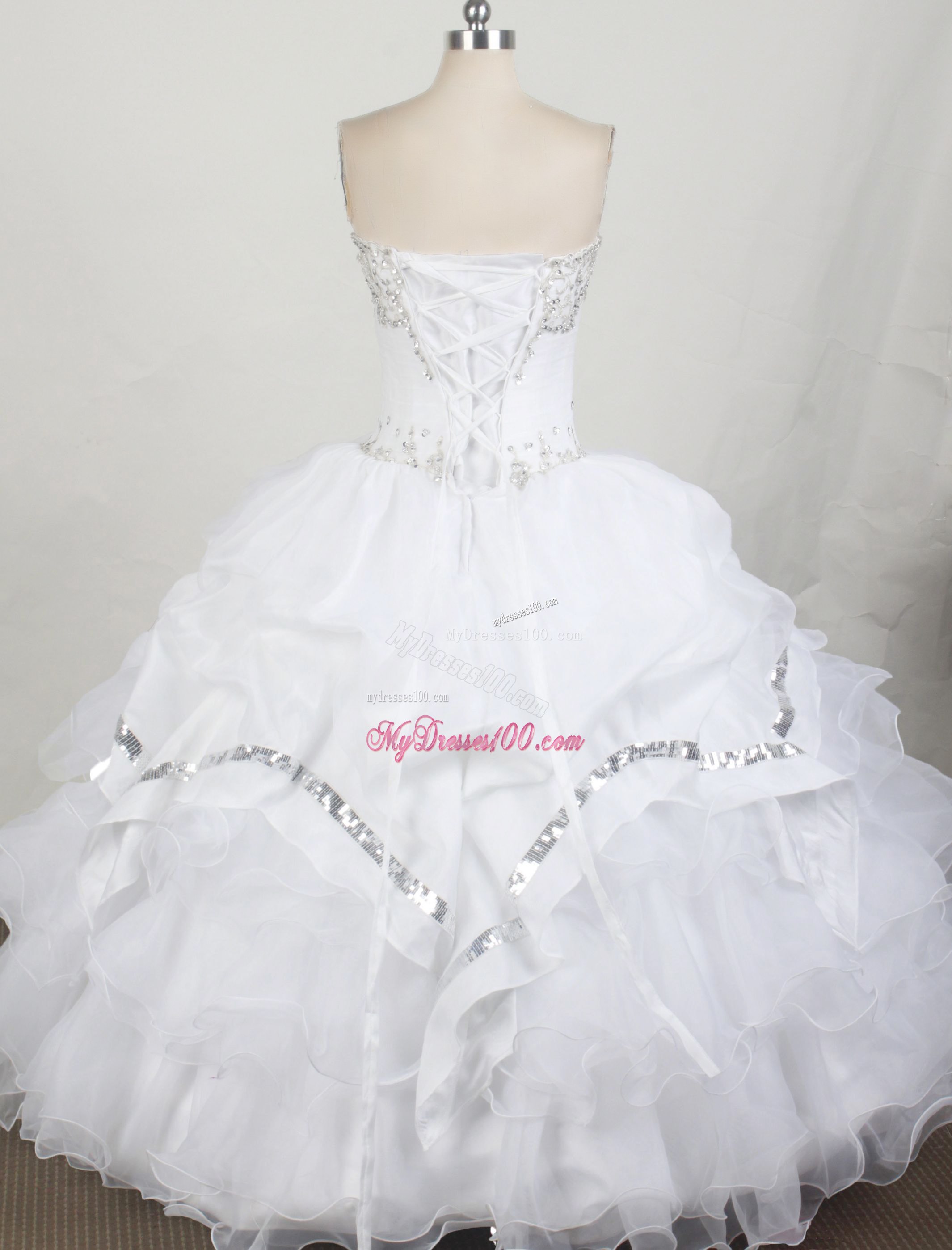 Ruffled and Beaded White Organza Quinceanera Dress