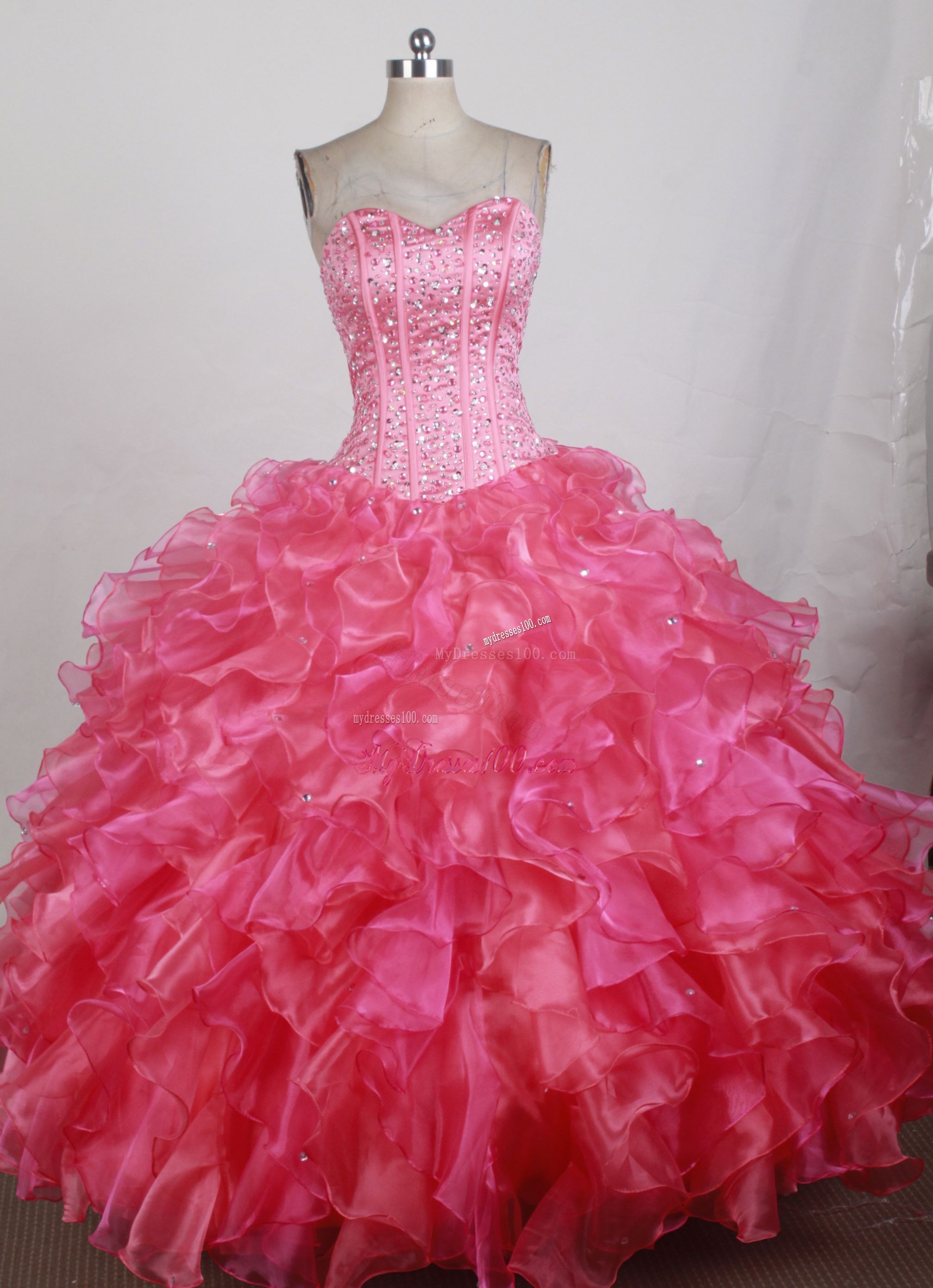 Beaded Bodice Hot Pink Quinceanera Dress with Ruffles