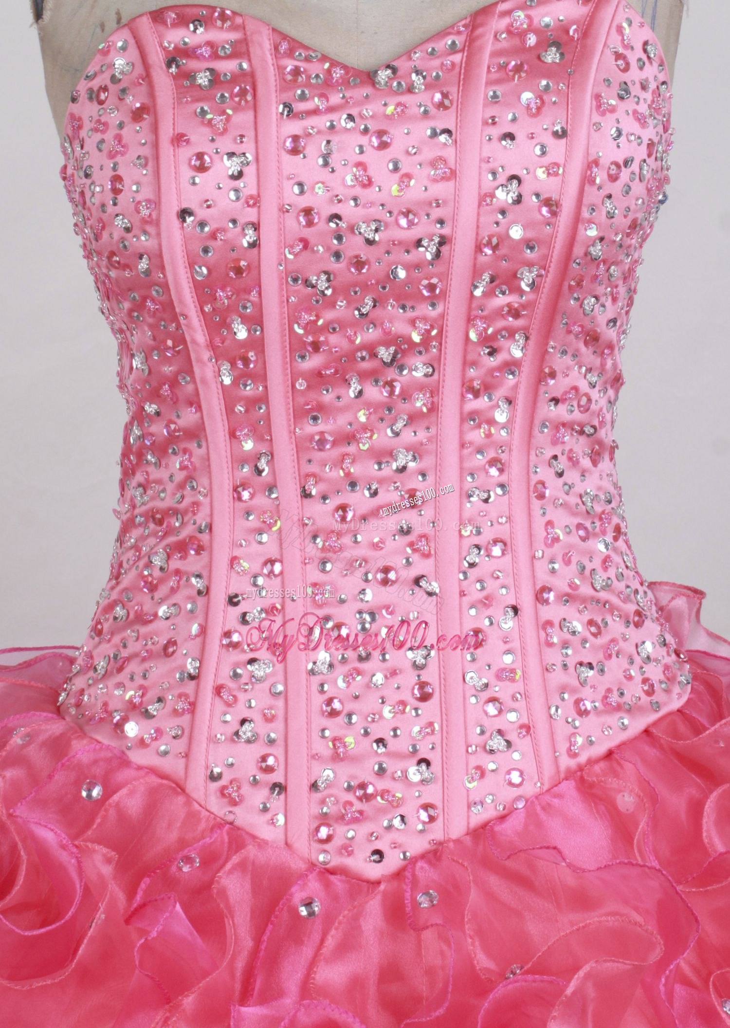 Beaded Bodice Hot Pink Quinceanera Dress with Ruffles