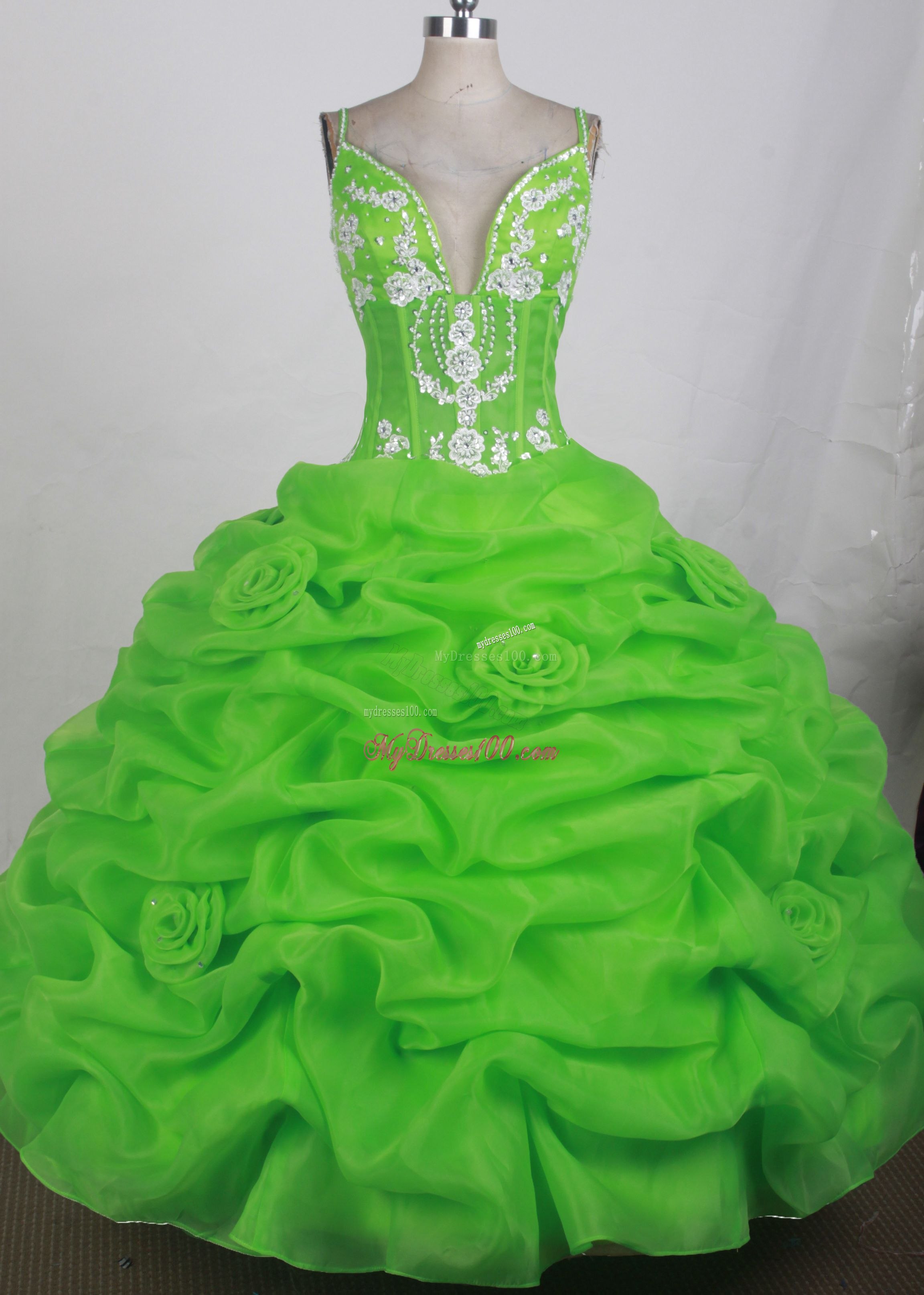 Flowers and Straps Accent Quinceanera Gown in Spring Green