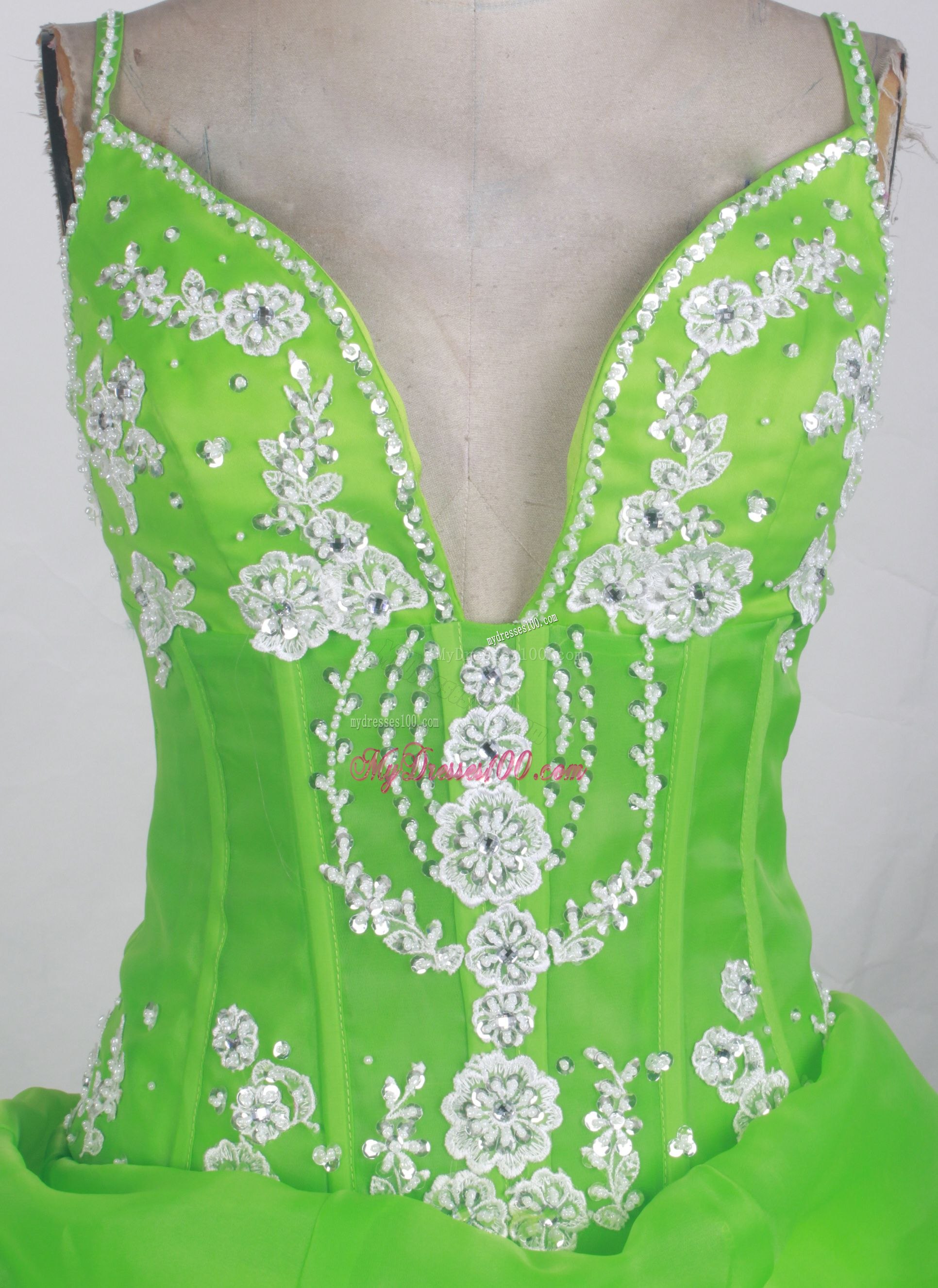 Flowers and Straps Accent Quinceanera Gown in Spring Green