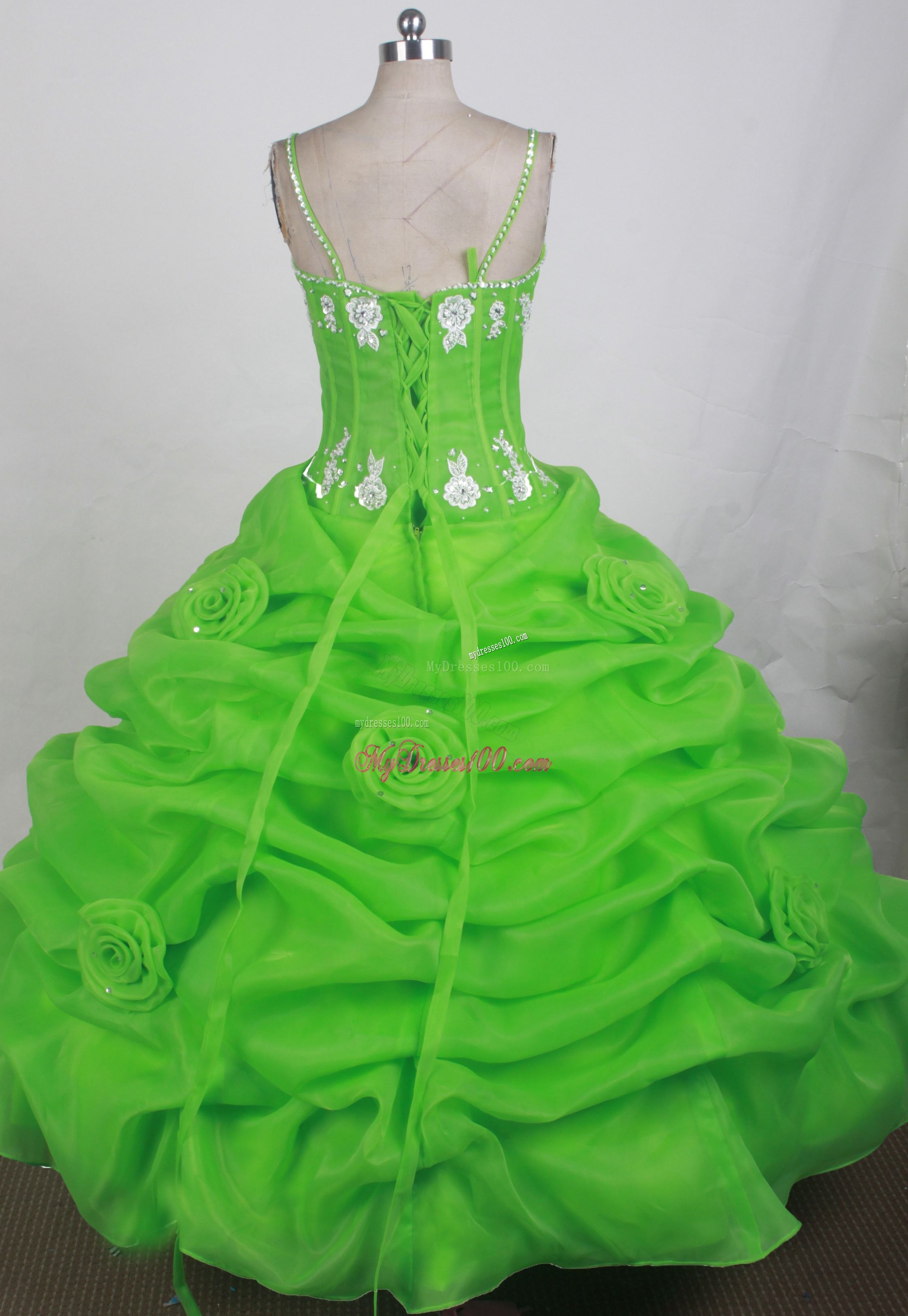 Flowers and Straps Accent Quinceanera Gown in Spring Green