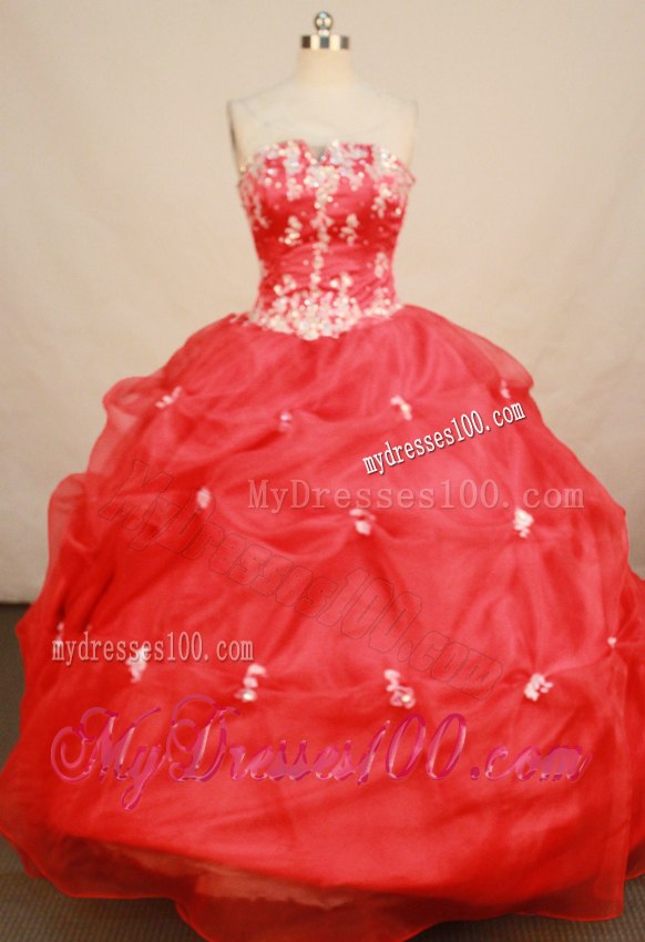 Traditional Red Quinceanera Dresses Appliques Floor Length Pick ups