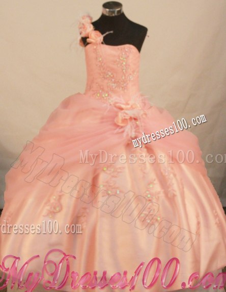 Pretty Baby Pink One Shoulder Handmade Flower Quinceanera Dresses