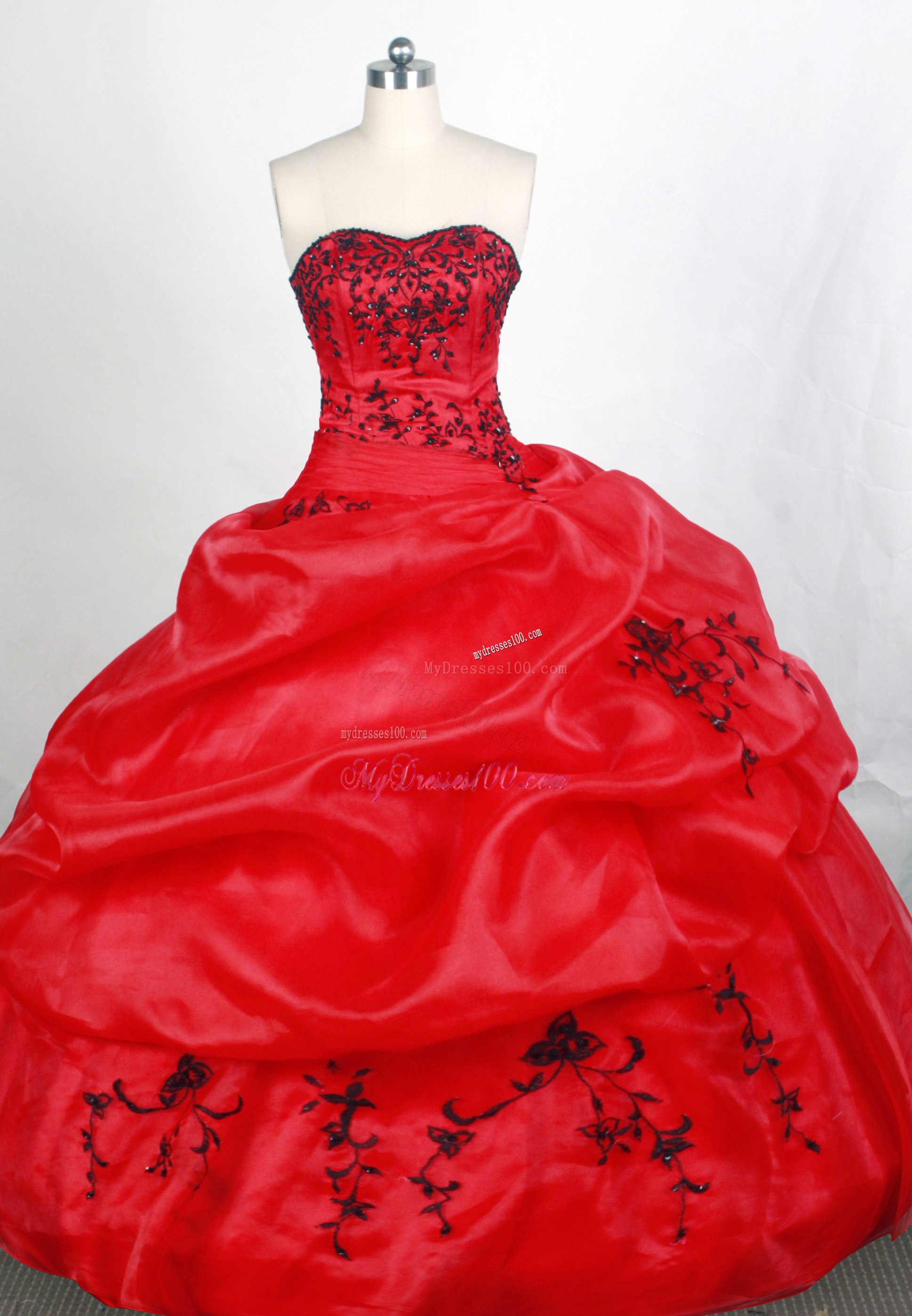 Pick-ups Accent Red Quinceanera Gown with Black Embroidery