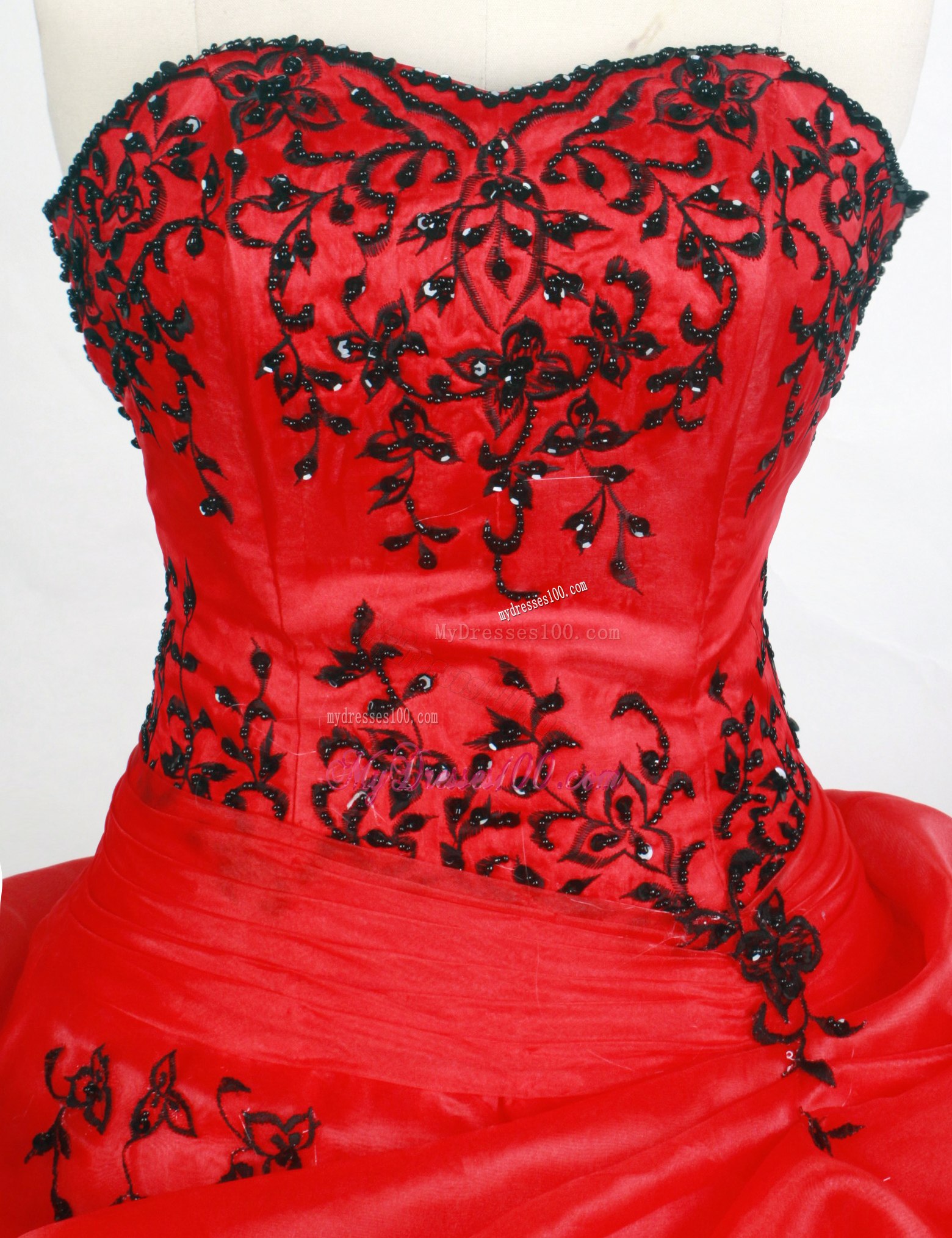 Pick-ups Accent Red Quinceanera Gown with Black Embroidery