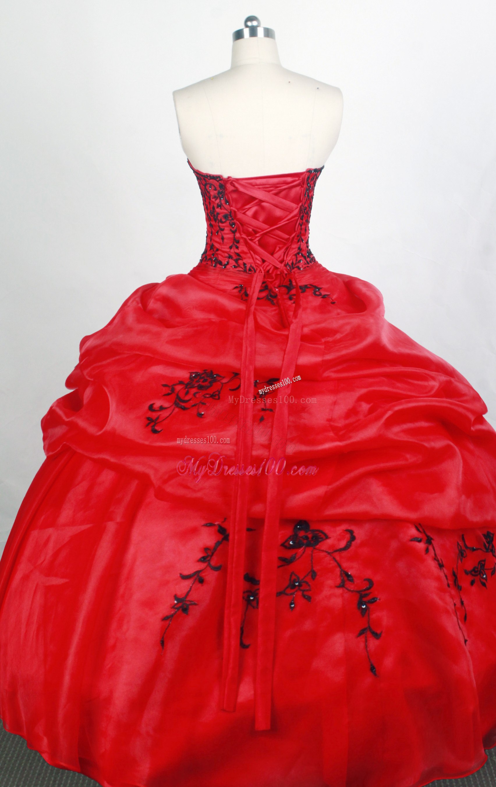 Pick-ups Accent Red Quinceanera Gown with Black Embroidery