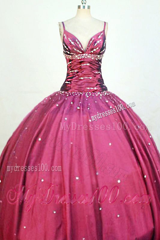 Burgundy Spaghetti Straps V-neck Quinceanera Gowns with Beading