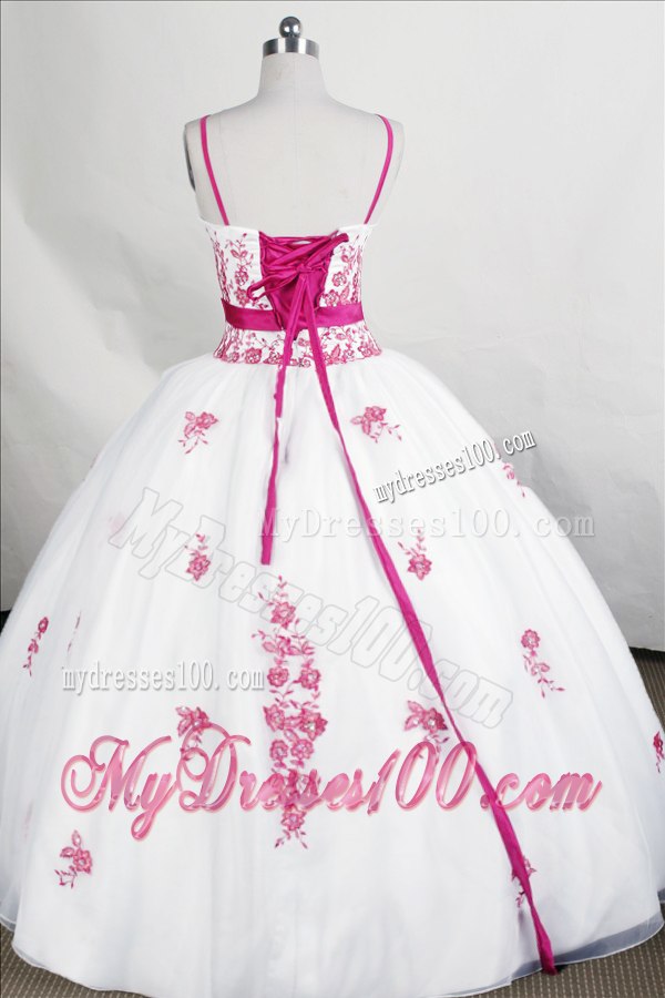 Spaghetti Straps Ribbon White Quinceanera Dresses with Fuchsia Appliques