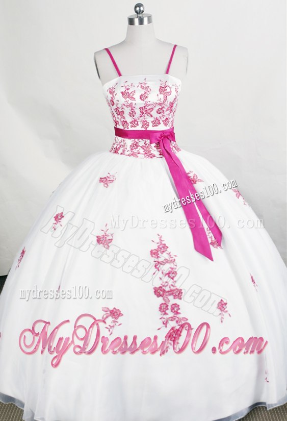 Spaghetti Straps Ribbon White Quinceanera Dresses with Fuchsia Appliques