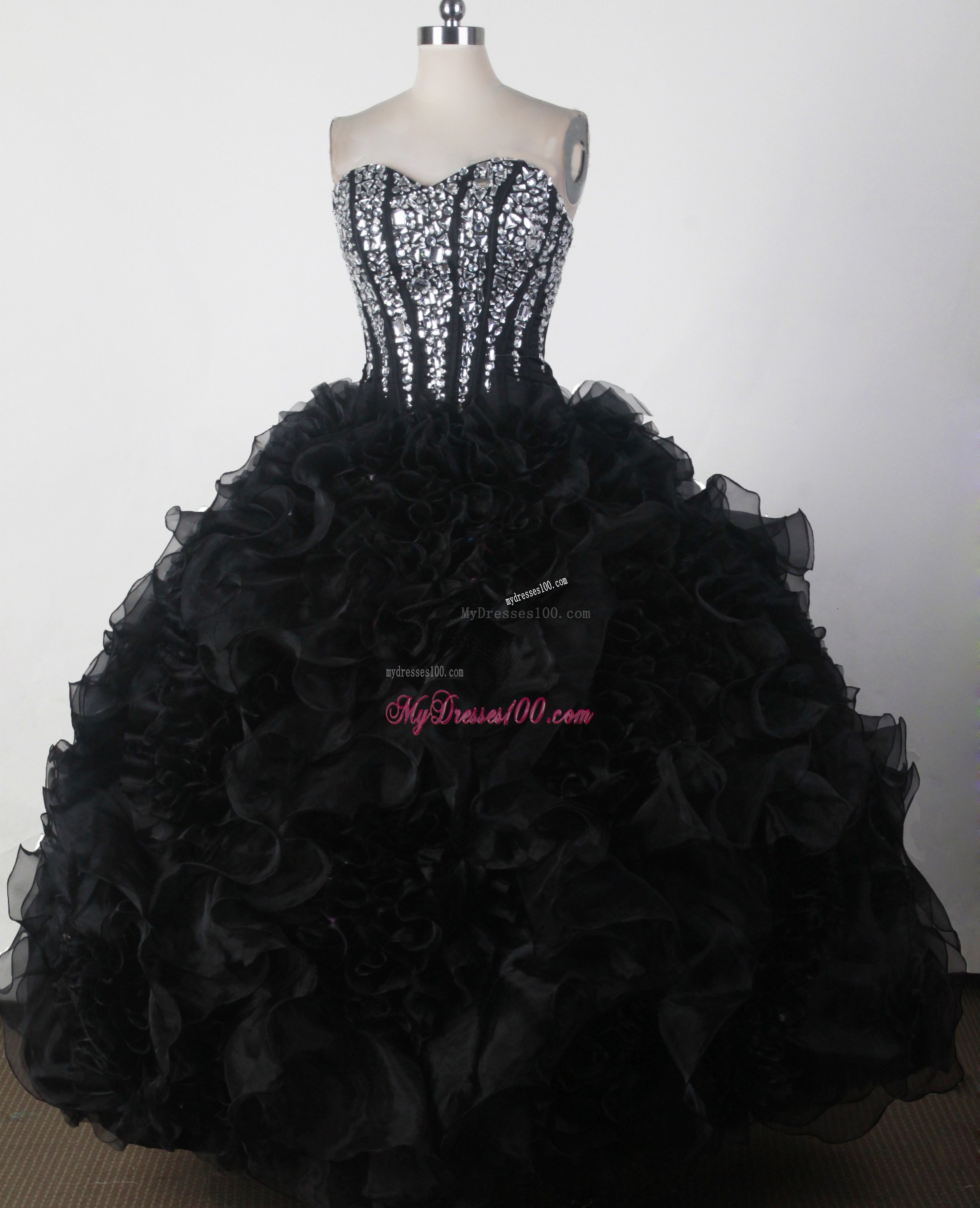 Beaded Bodice Puffy Ruffled Black Dress for Quinceanera