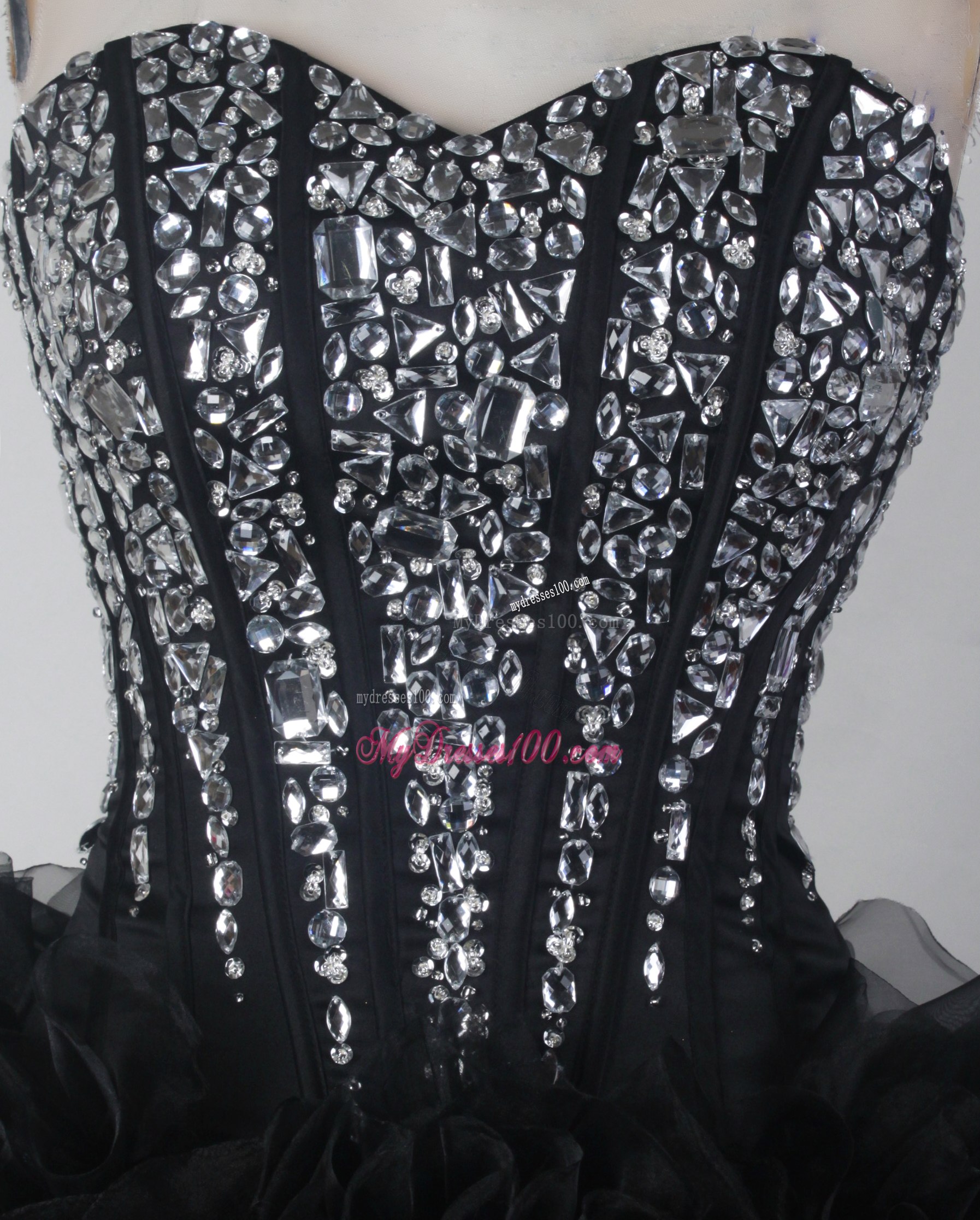 Beaded Bodice Puffy Ruffled Black Dress for Quinceanera