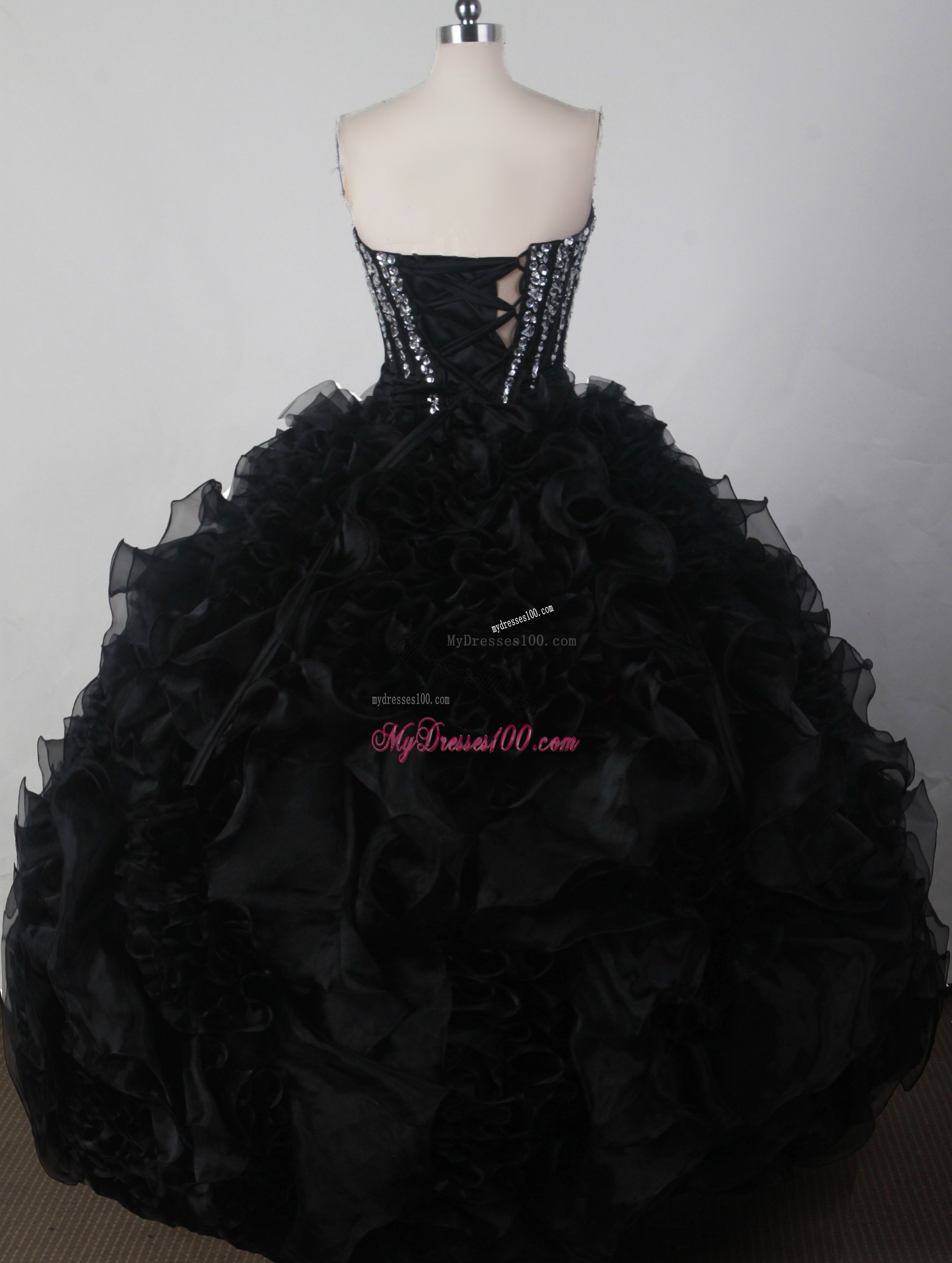 Beaded Bodice Puffy Ruffled Black Dress for Quinceanera