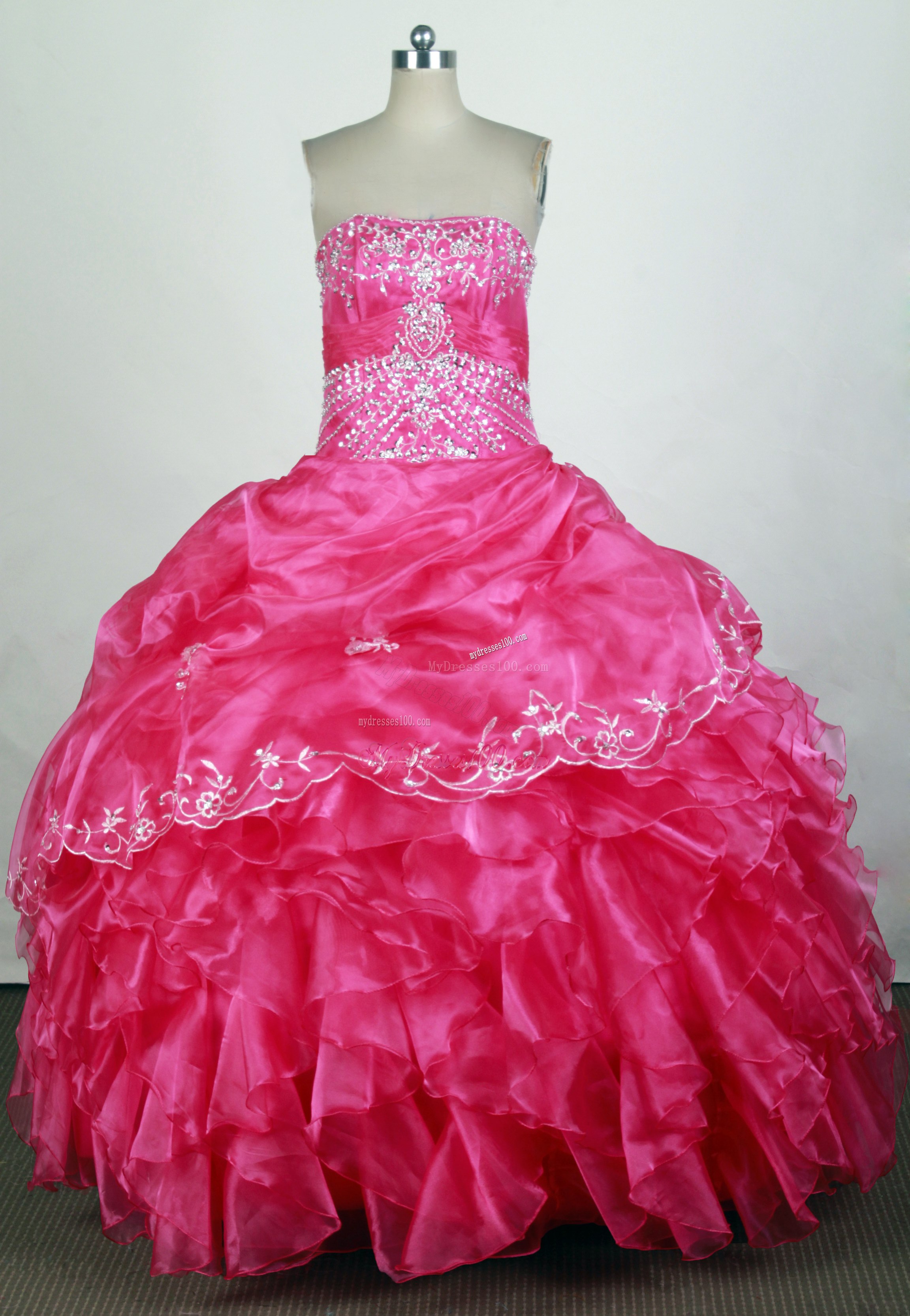 Jewelry Embroidery and Ruffled Layers Decorated Quinceanera Dress in Hot Pink