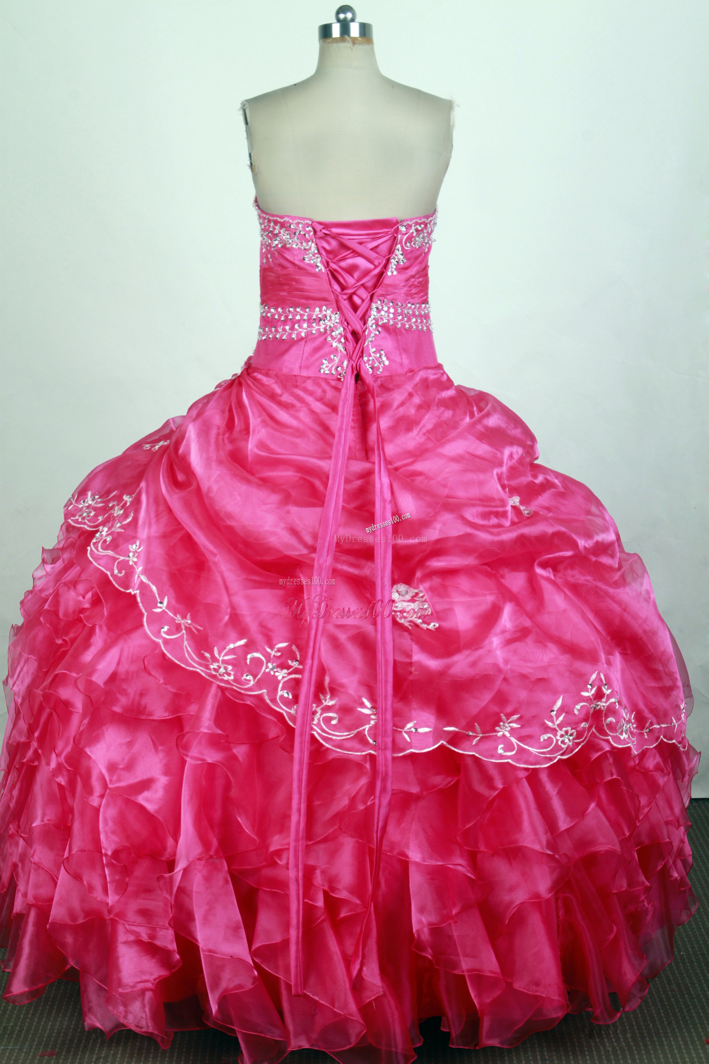 Jewelry Embroidery and Ruffled Layers Decorated Quinceanera Dress in Hot Pink