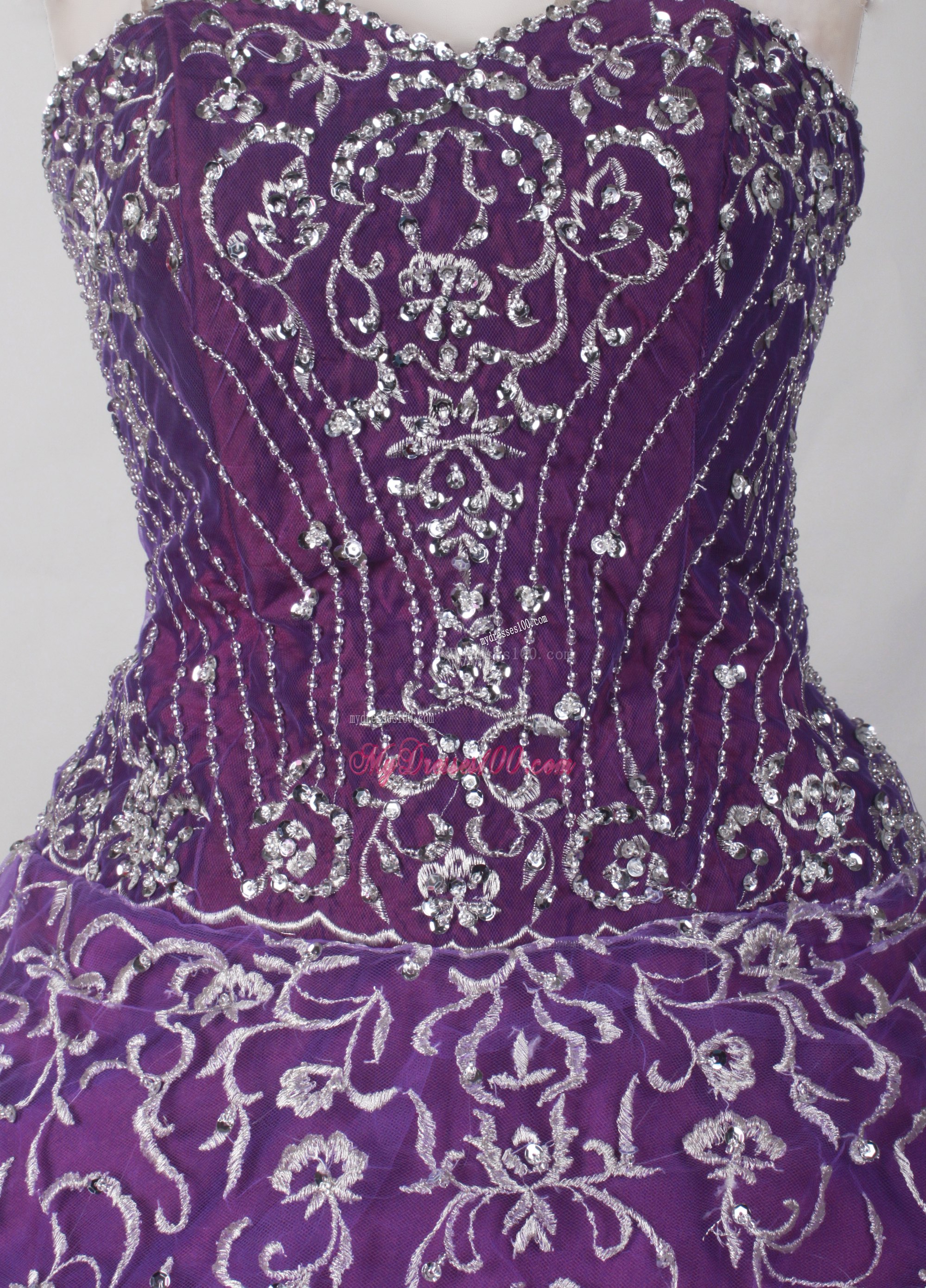 Purple Puffy Ball Gown Quince Dresses with Pretty Embroidery