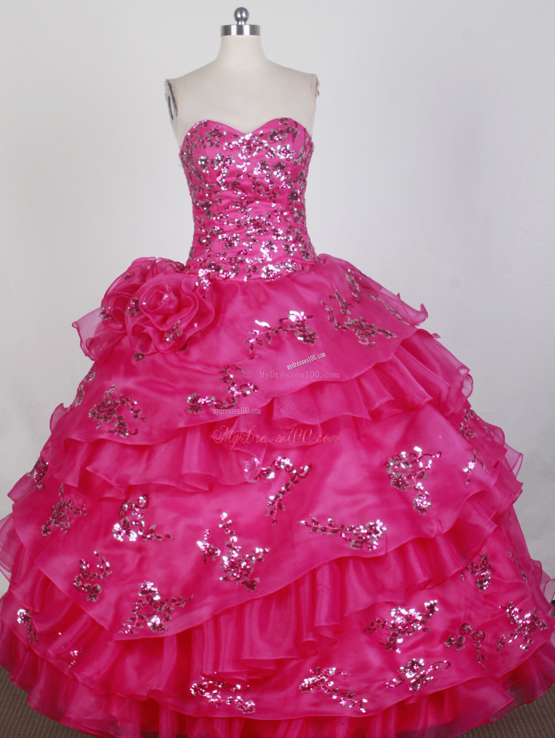 Flowery and Beaded Quincenanera Dress in Hot Pink