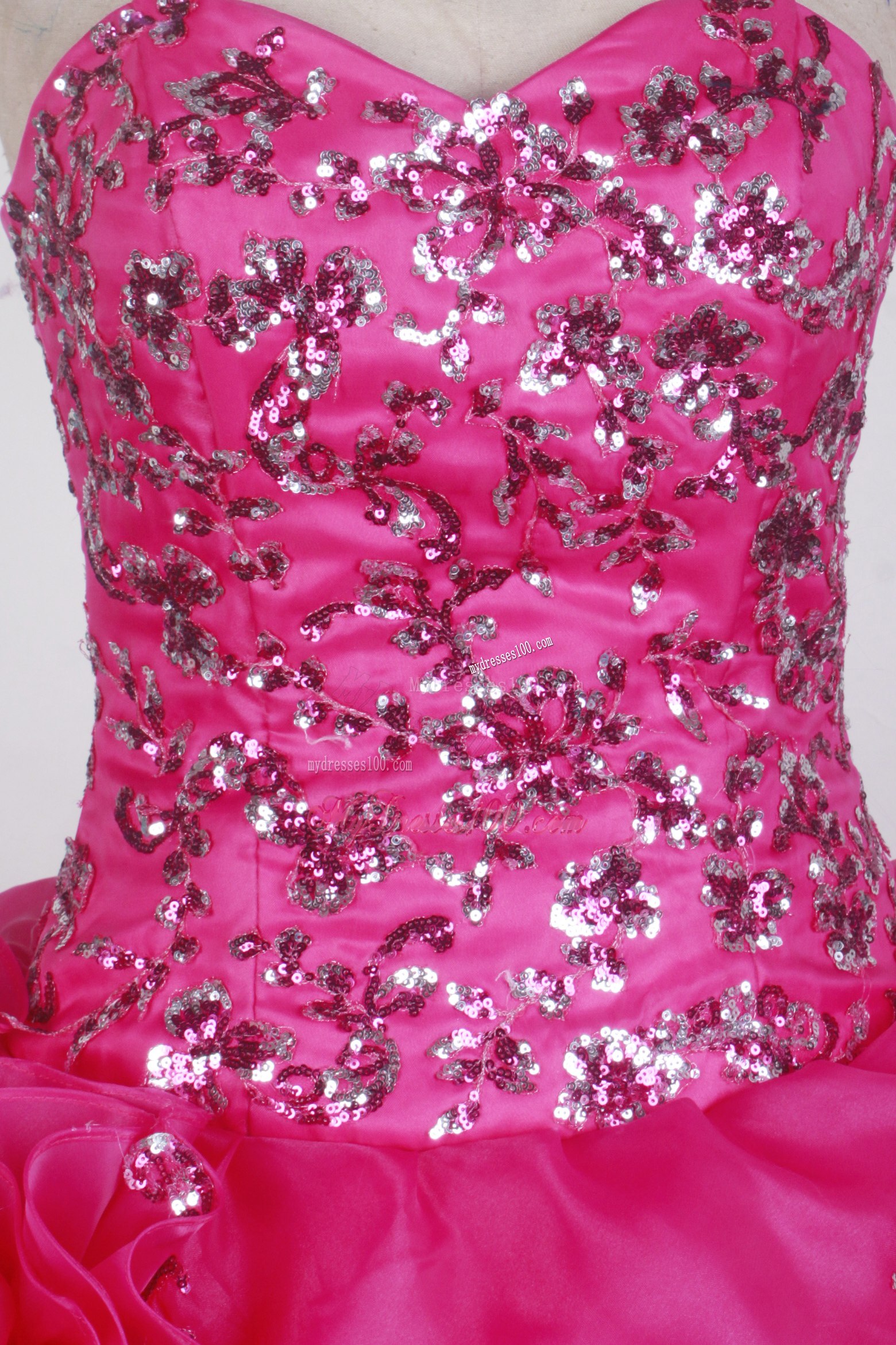 Flowery and Beaded Quincenanera Dress in Hot Pink