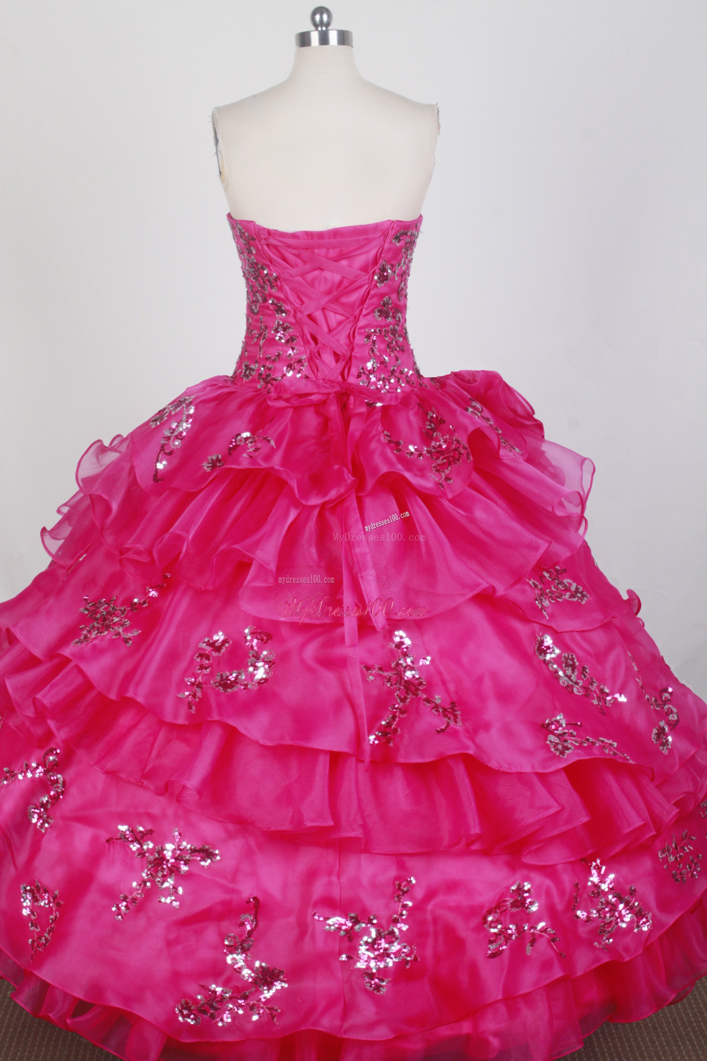 Flowery and Beaded Quincenanera Dress in Hot Pink