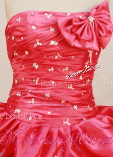 Rainestone and Bowknot Red Pick Ups Puffy Dresses for Quince