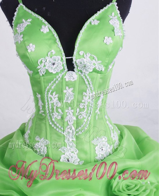 Spaghetti Straps and Beaded V-neck Quince Dress in Spring Green